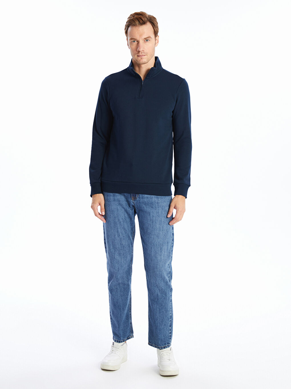 Lacivert Dik Yaka Uzun Kollu Erkek Kalın Sweatshirt-1