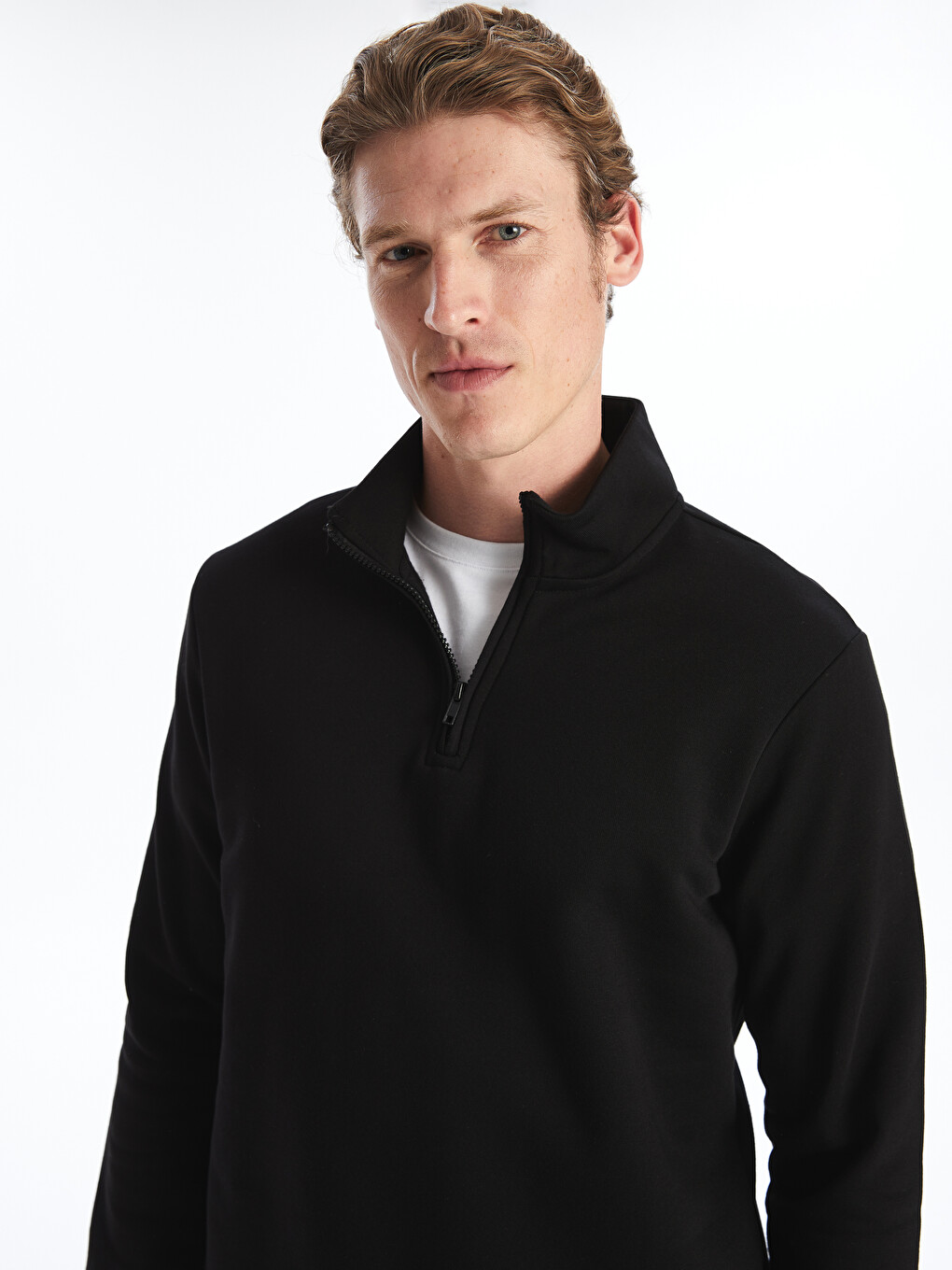 Siyah Dik Yaka Uzun Kollu Erkek Kalın Sweatshirt-3