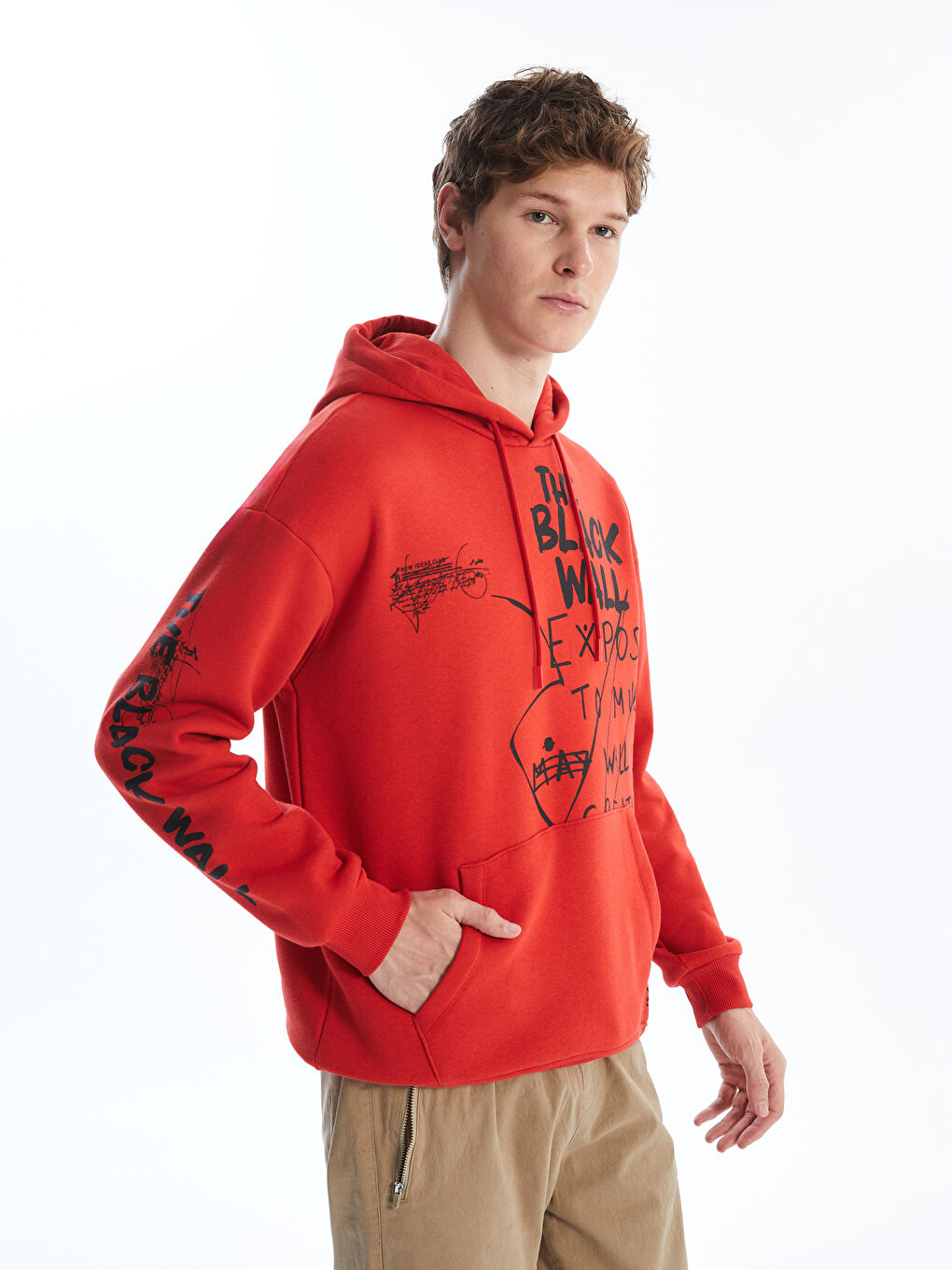 LCW Casual Açık Kırmızı Uzun Kollu Baskılı Erkek Hoodie