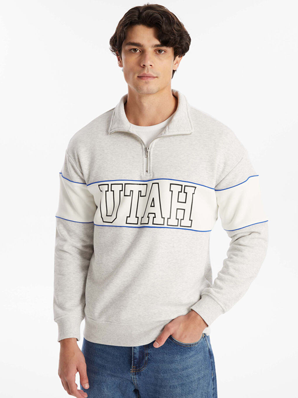 LCW Casual Kar Beyazı Melanj Dik Yaka Uzun Kollu Baskılı Erkek Sweatshirt - 3