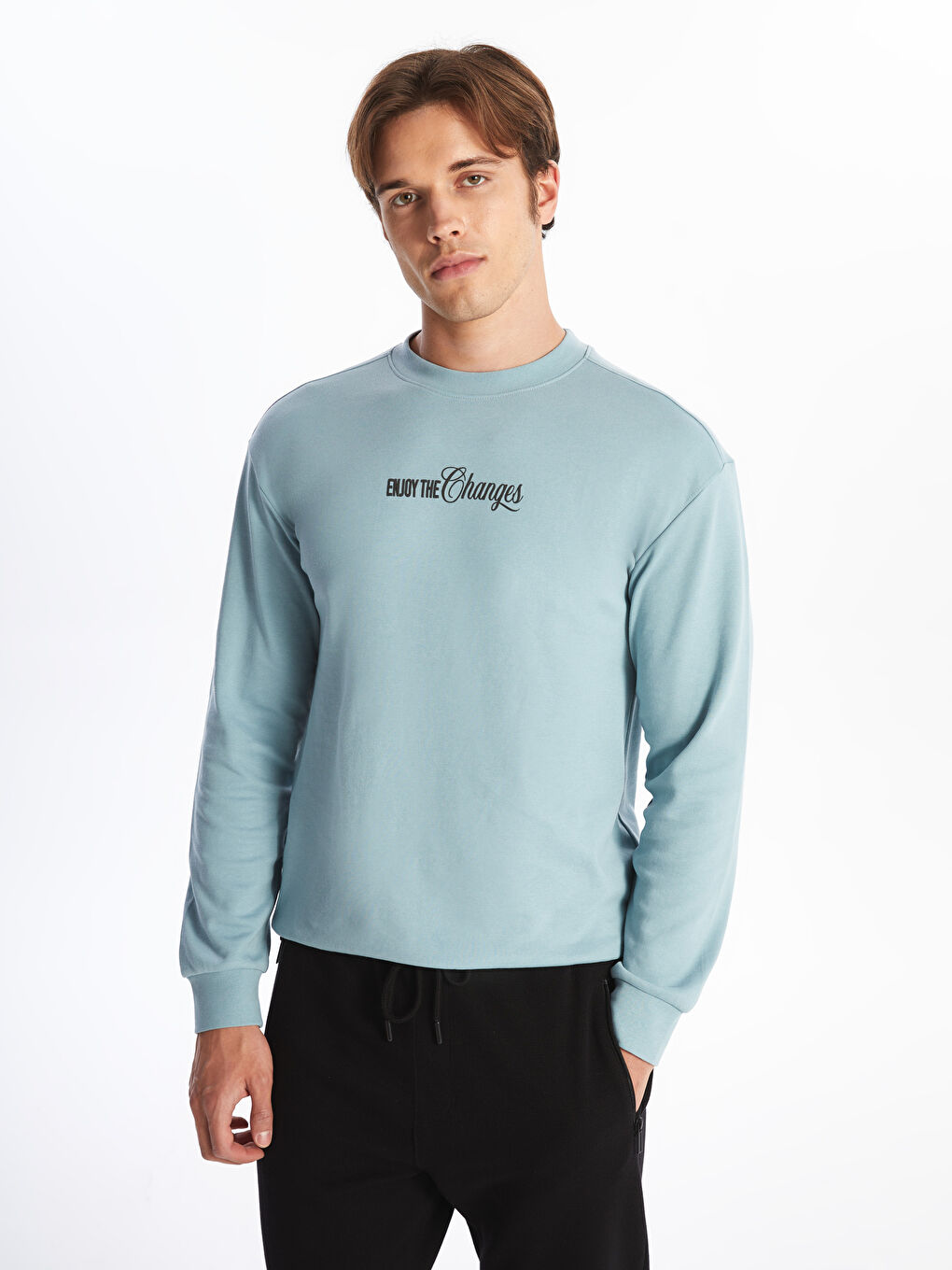 LCW Casual Mavi Bisiklet Yaka Uzun Kollu Baskılı Erkek Sweatshirt