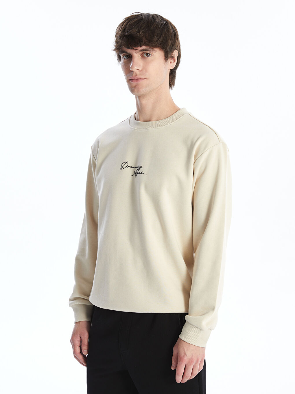 LCW Casual Açık Bej Bisiklet Yaka Uzun Kollu Baskılı Erkek Sweatshirt