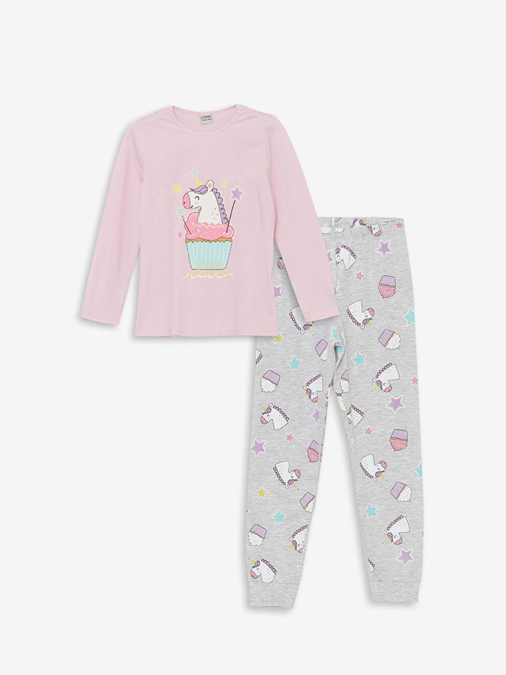 LCW Kids Pembe Leylak Bisiklet Yaka Baskılı Uzun Kollu Kız Çocuk Pijama Takımı