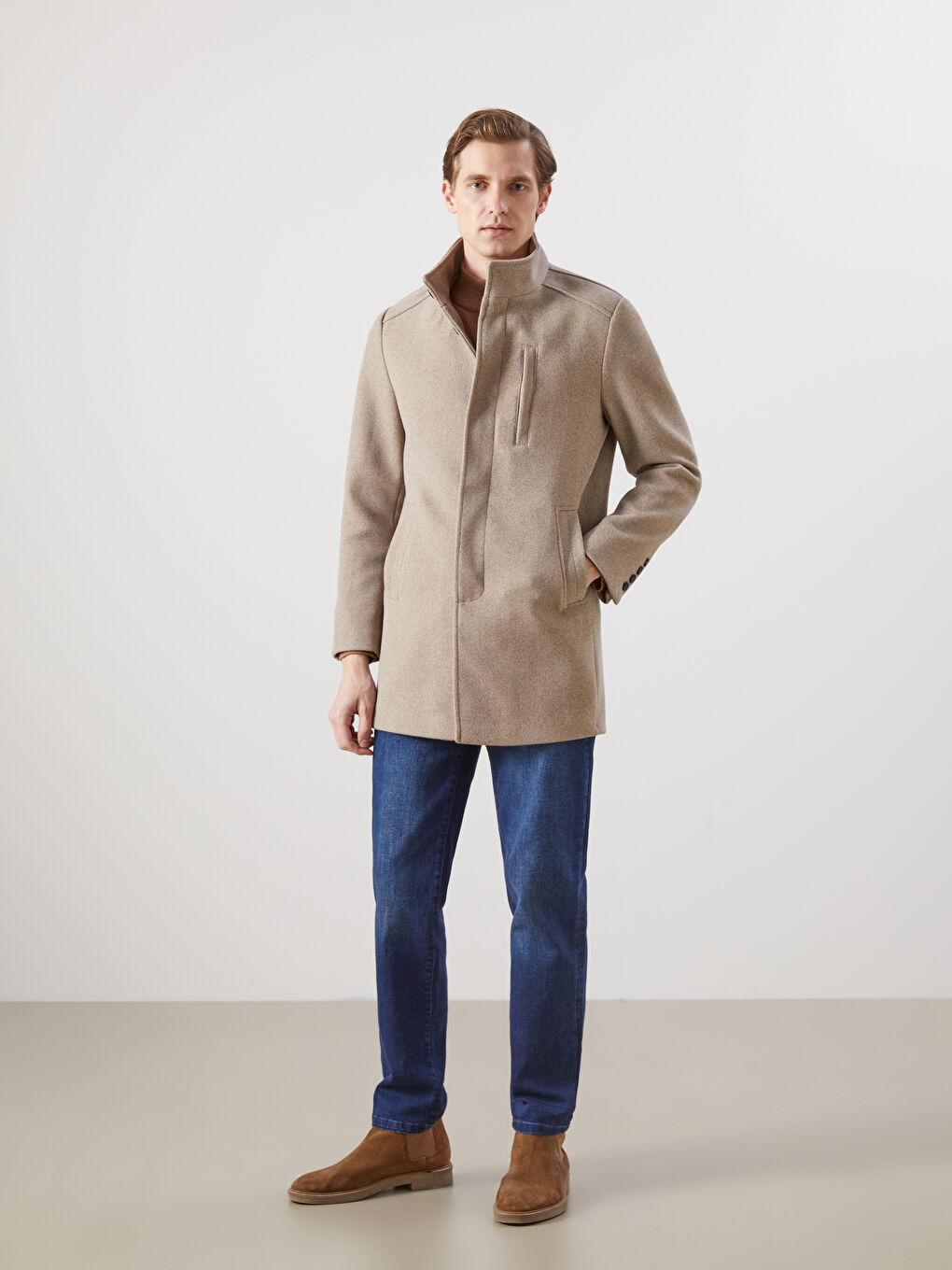 Bej Standart Kalıp Dik Yaka Erkek Kaşe Kaban-1