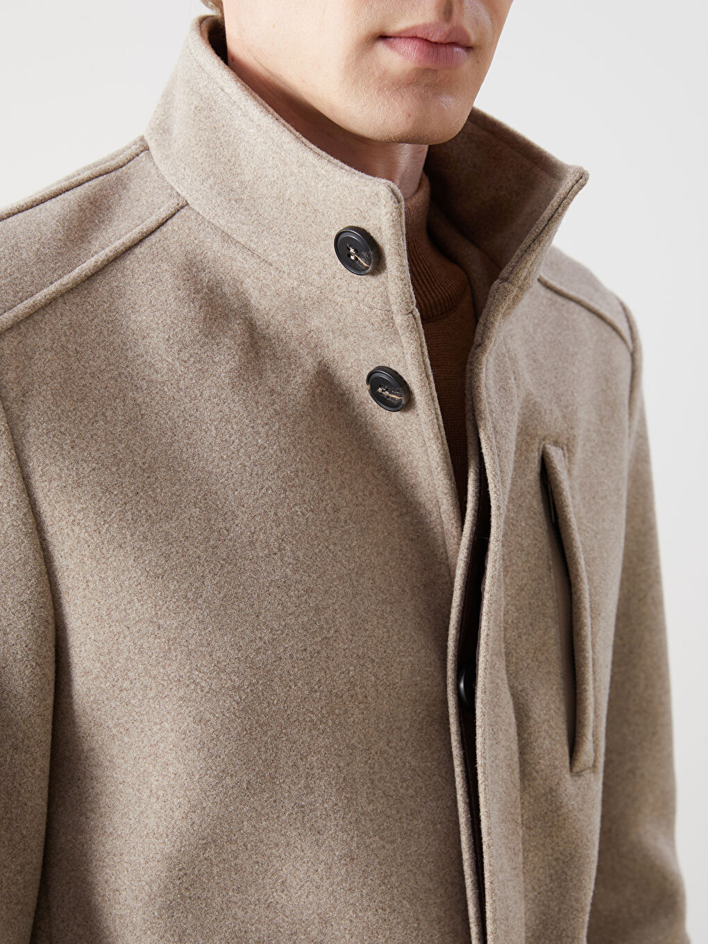 Bej Standart Kalıp Dik Yaka Erkek Kaşe Kaban-2