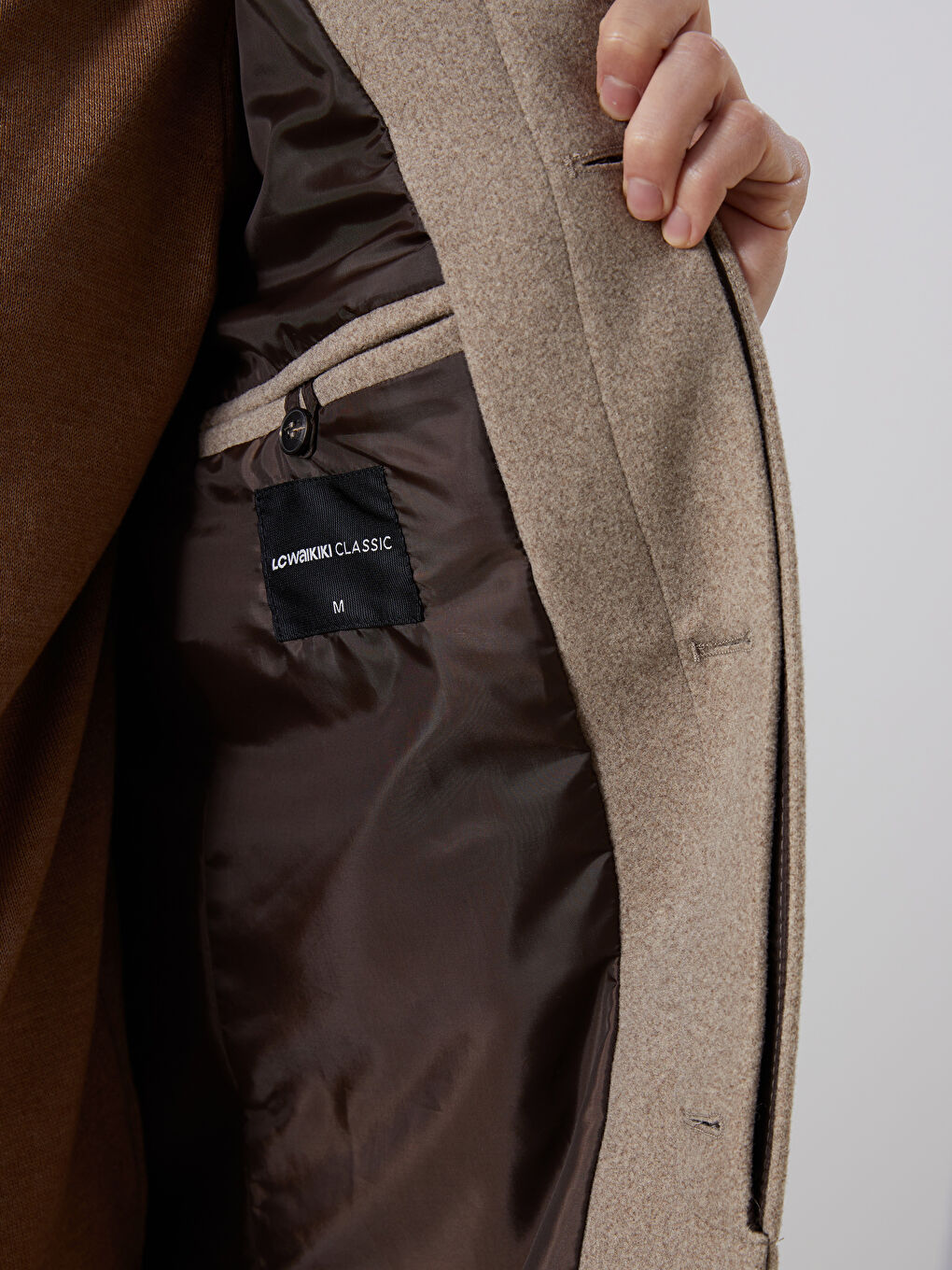 Bej Standart Kalıp Dik Yaka Erkek Kaşe Kaban-3