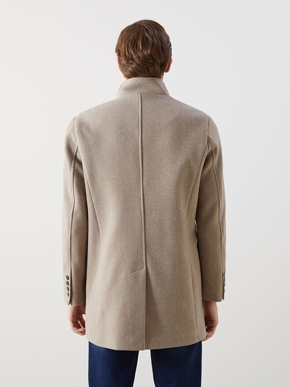 Bej Standart Kalıp Dik Yaka Erkek Kaşe Kaban-4