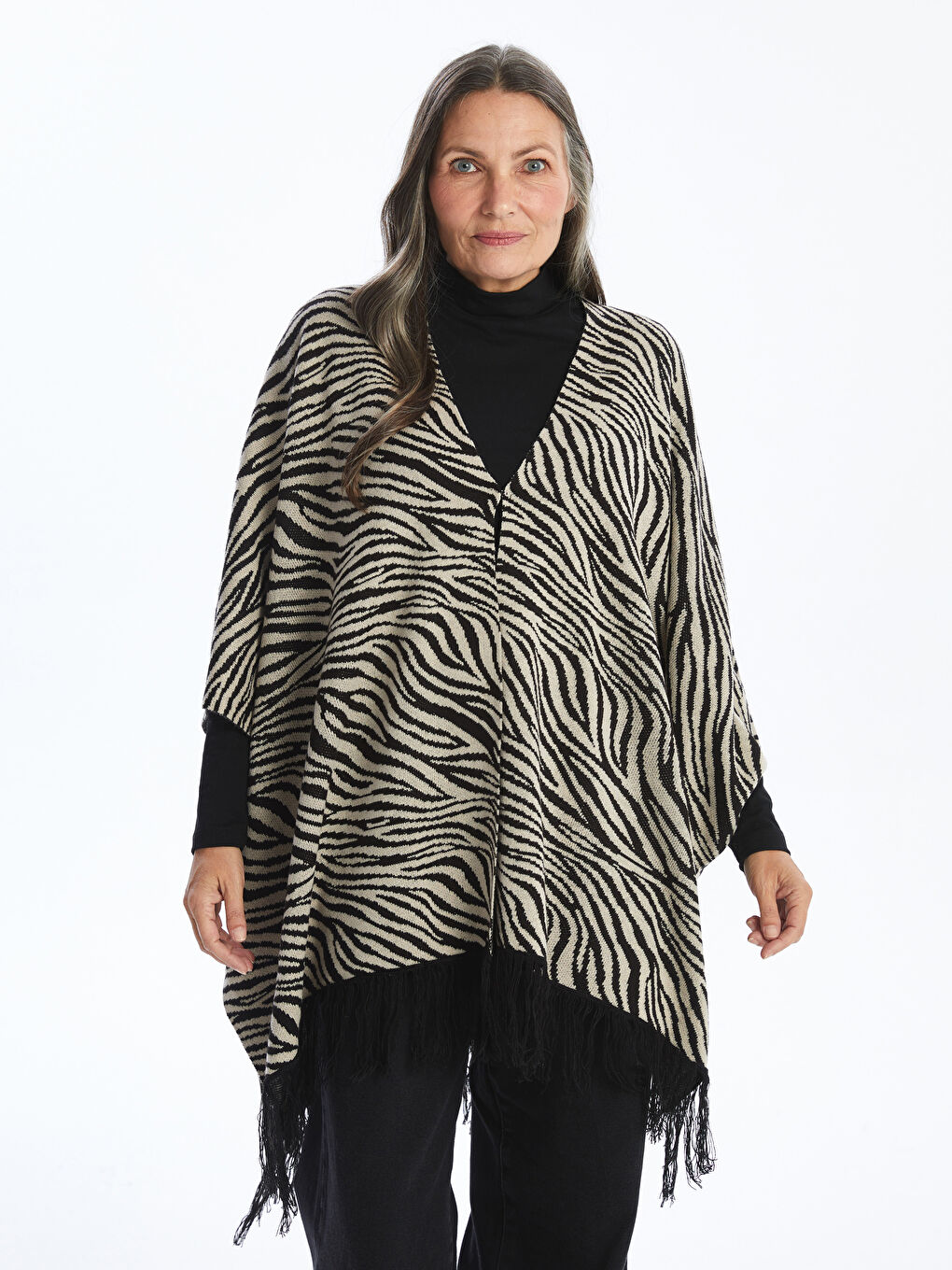 LCW Grace Shawl Collar Patterned Oversize Women's Knitwear Poncho -W42552Z8-MHJ