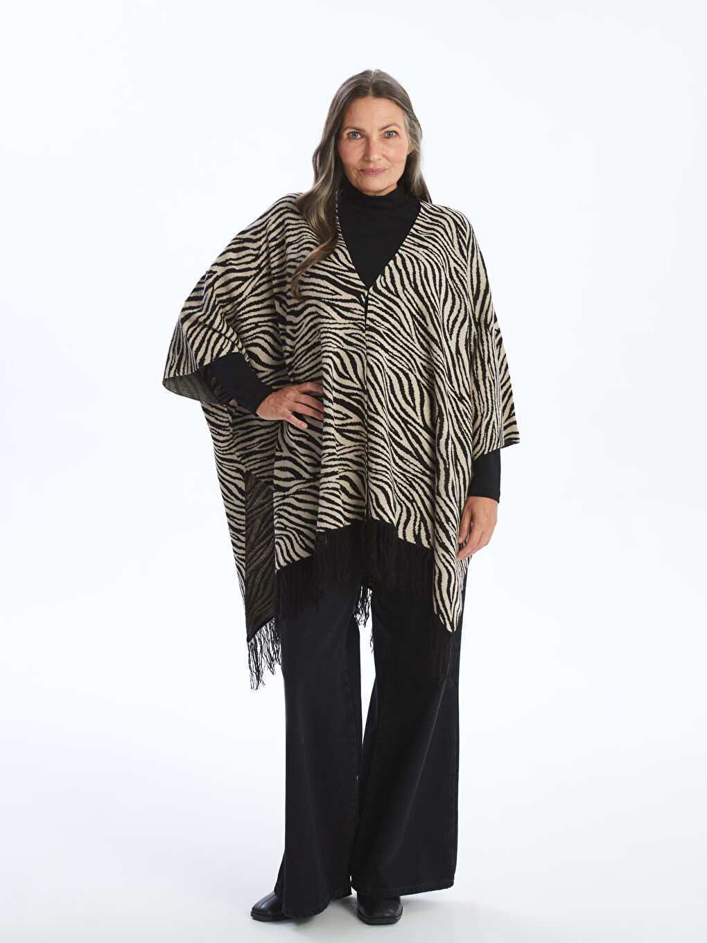 LCW Grace Shawl Collar Patterned Oversize Women's Knitwear Poncho -W42552Z8-MHJ
