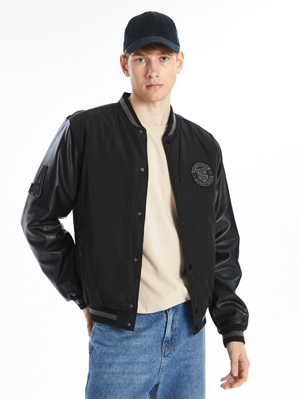 Siyah Standart Kalıp Kolej Yaka Erkek Bomber Mont