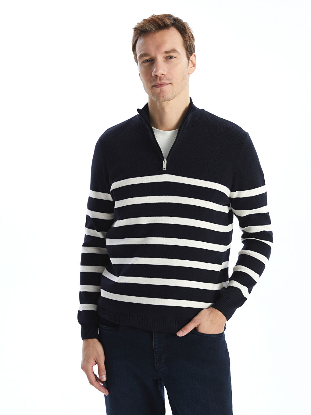 Turtle Neck Long Sleeve Striped Men's Tricot Sweater -W42729Z8-DWP