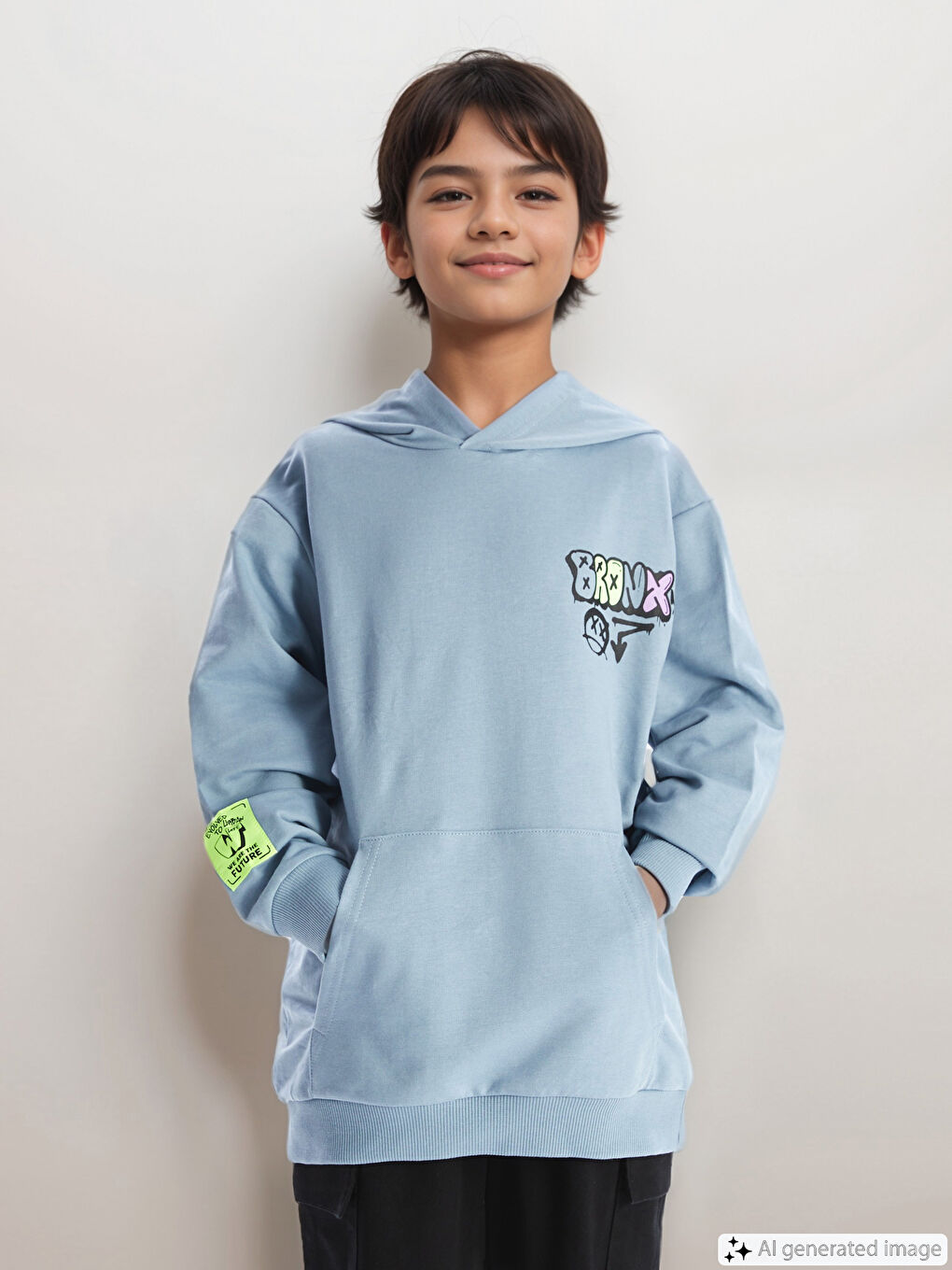 LCW Kids Açık Mavi Kapüşonlu Baskılı Uzun Kollu Erkek Çocuk Sweatshirt