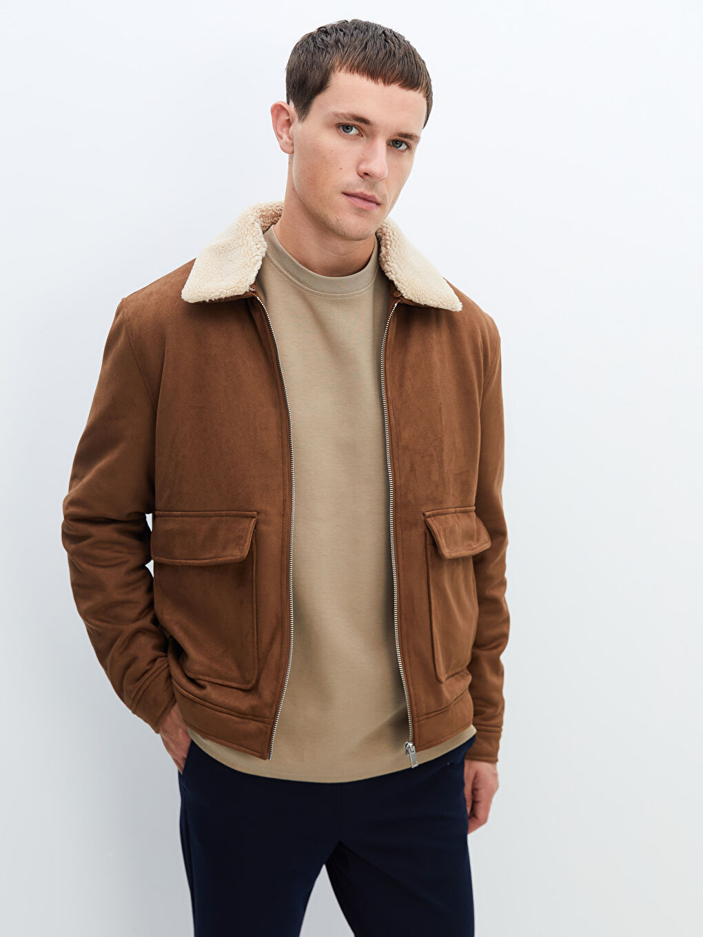 Kahverengi Standart Kalıp Gömlek Yaka Süet Erkek Mont