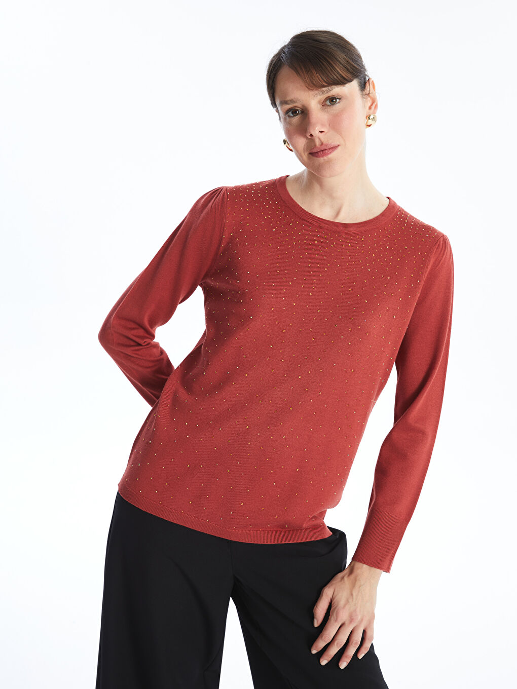 Kırmızı Bisiklet Yaka Taşlı Kadın Triko Kazak