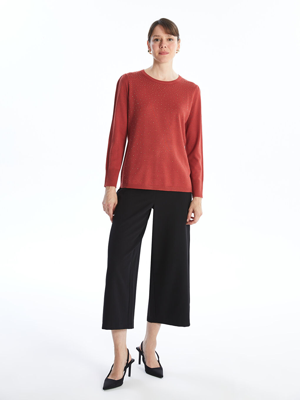 Kırmızı Bisiklet Yaka Taşlı Kadın Triko Kazak-1