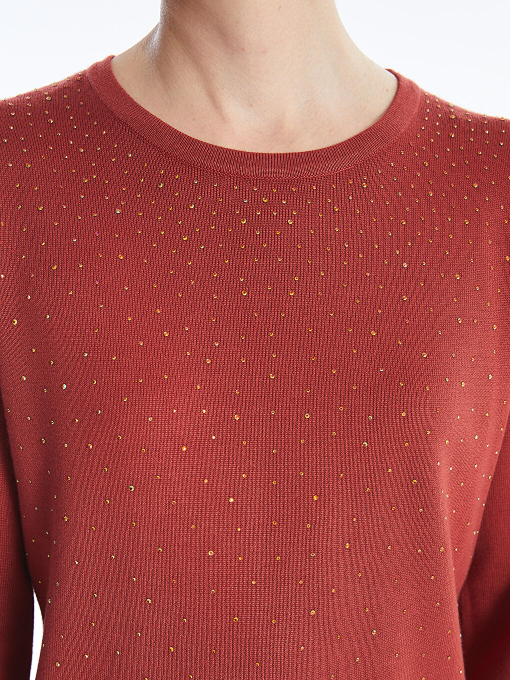 Kırmızı Bisiklet Yaka Taşlı Kadın Triko Kazak-2