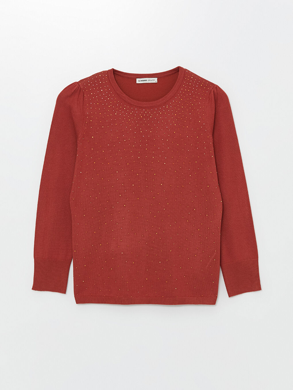 Kırmızı Bisiklet Yaka Taşlı Kadın Triko Kazak-4