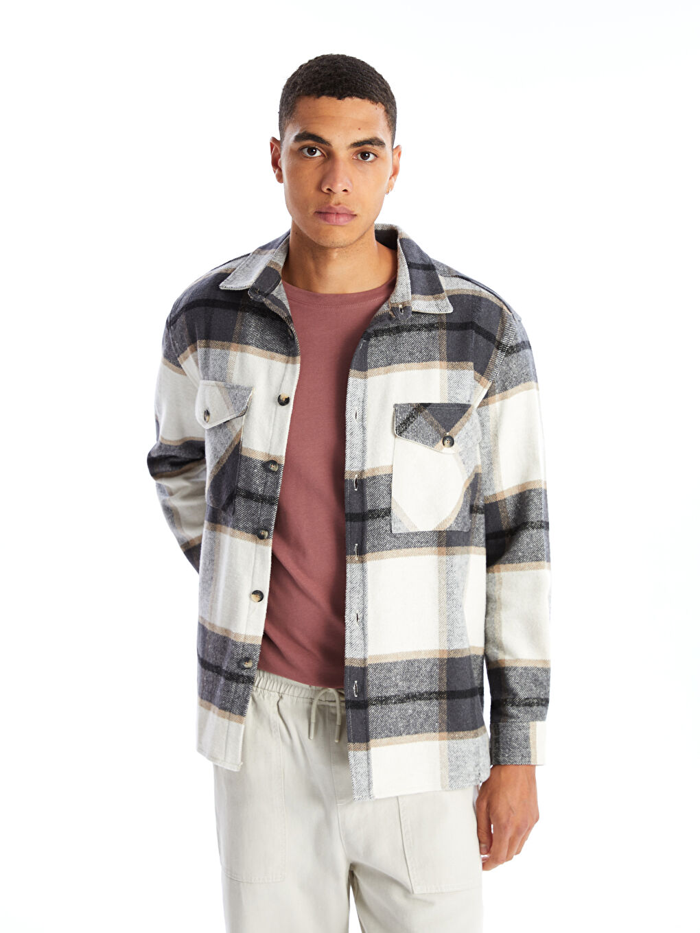 Regular Fit Long Sleeve Plaid Men's Lumberjack Shirt Jacket -W43171Z8-LMK