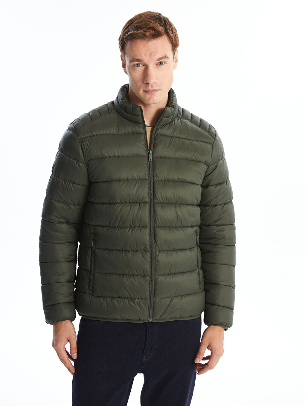 Haki Standart Kalıp Dik Yaka Erkek Şişme Mont