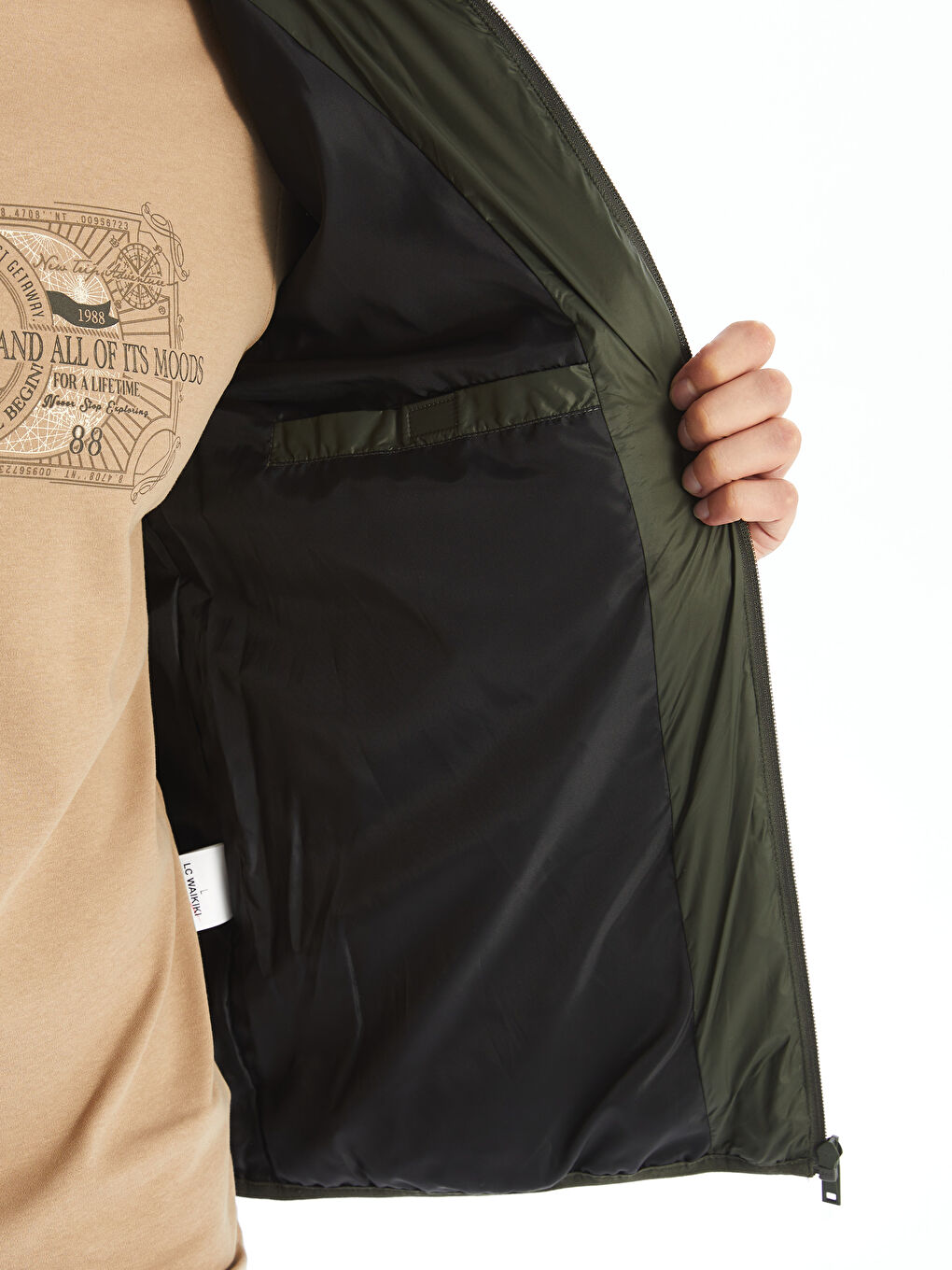 Haki Standart Kalıp Dik Yaka Erkek Şişme Mont-3