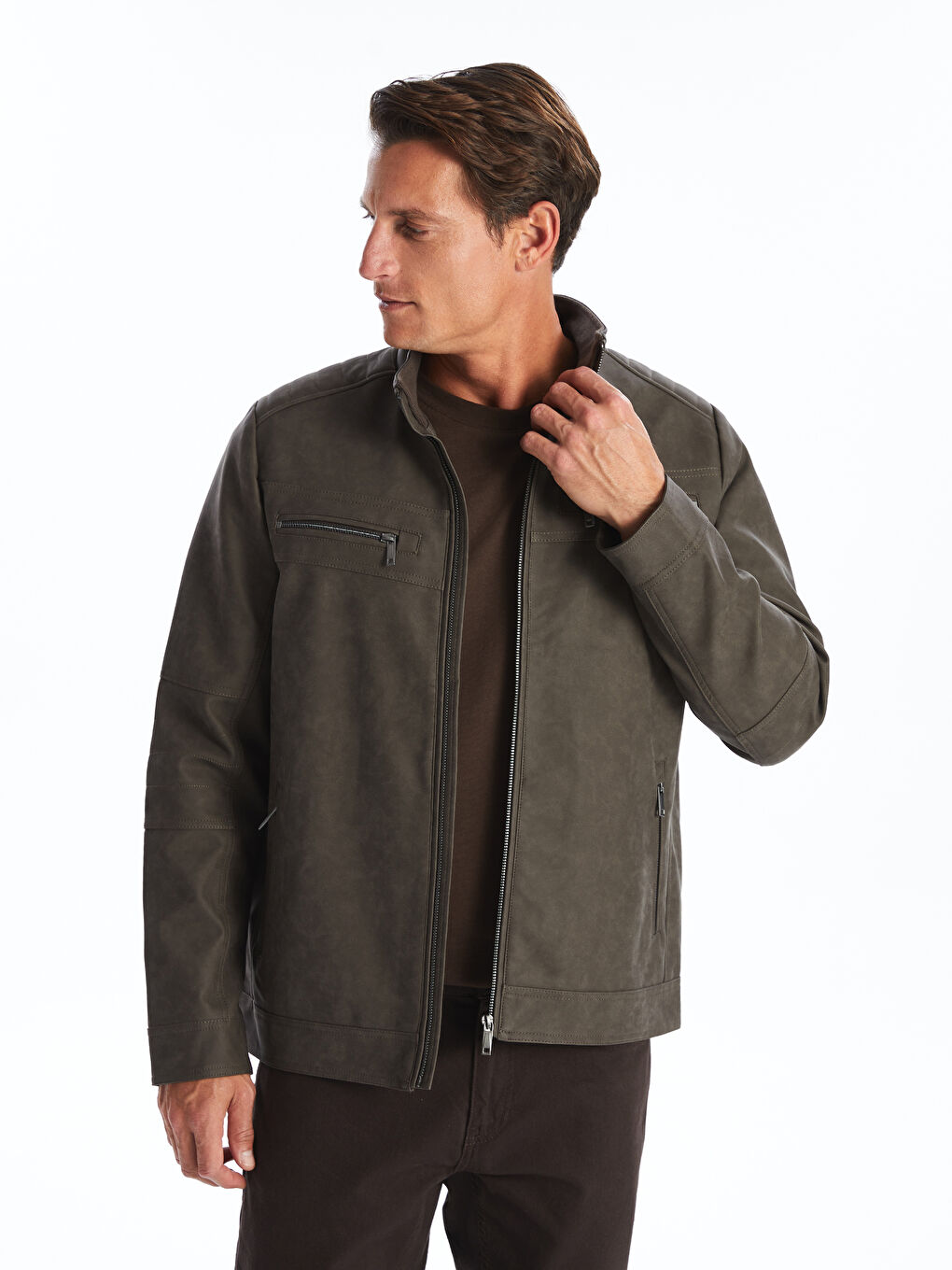 Standard Fit Funnel Neck Men's Faux Leather Jacket