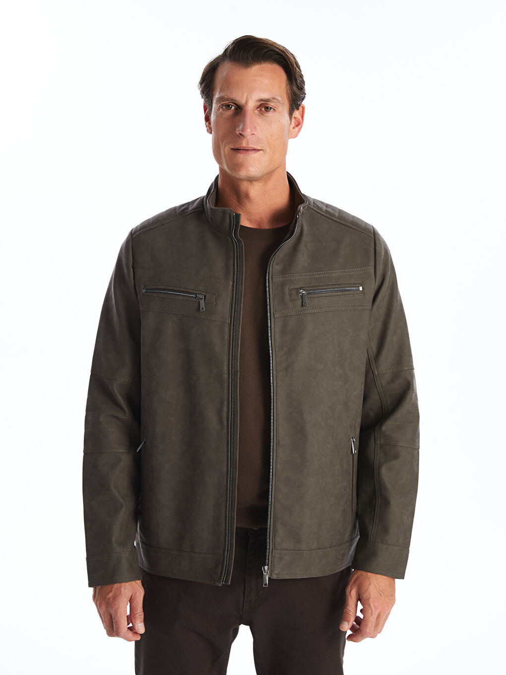 Standard Fit Funnel Neck Men's Faux Leather Jacket-1