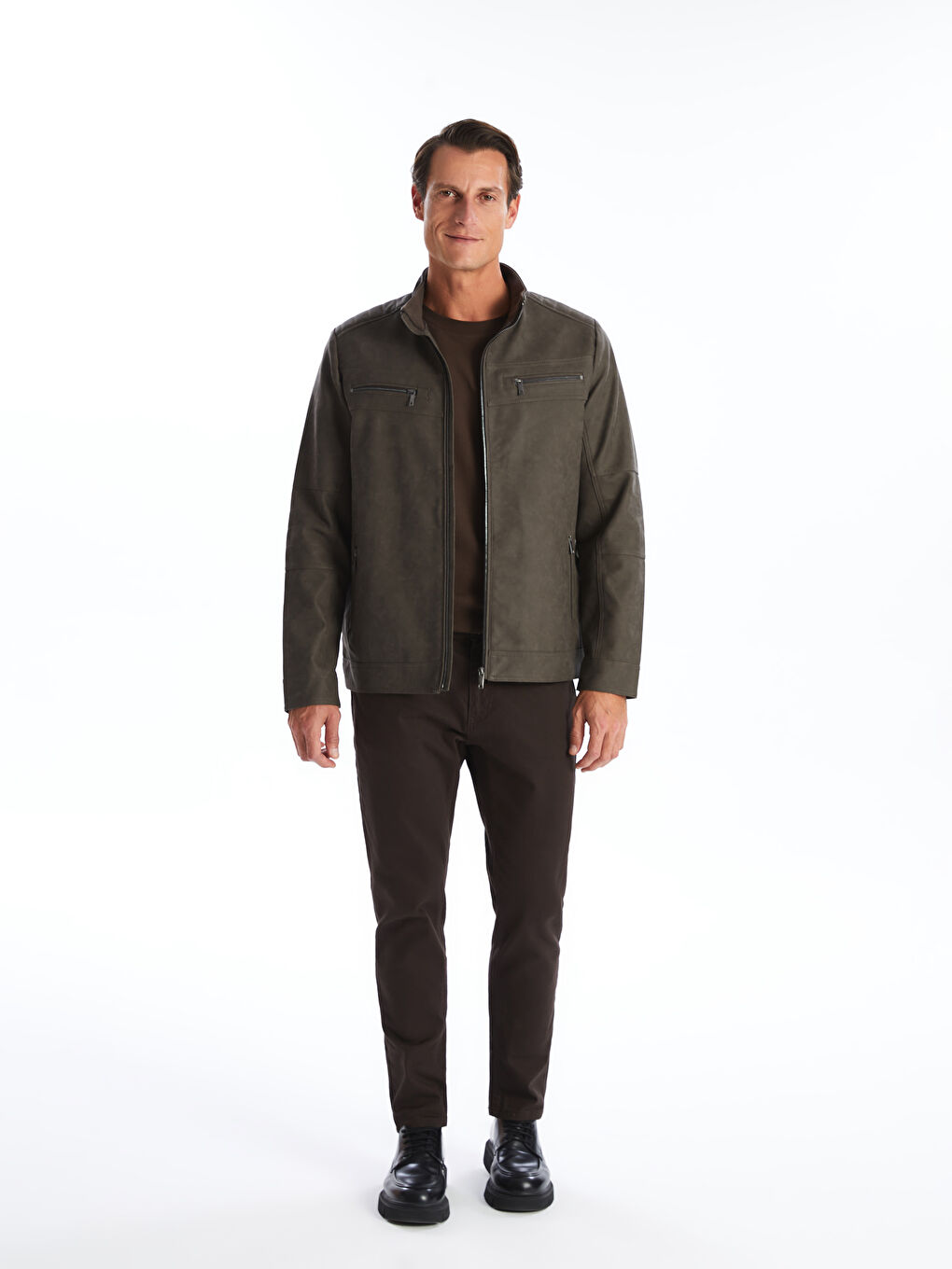 Standard Fit Funnel Neck Men's Faux Leather Jacket-2