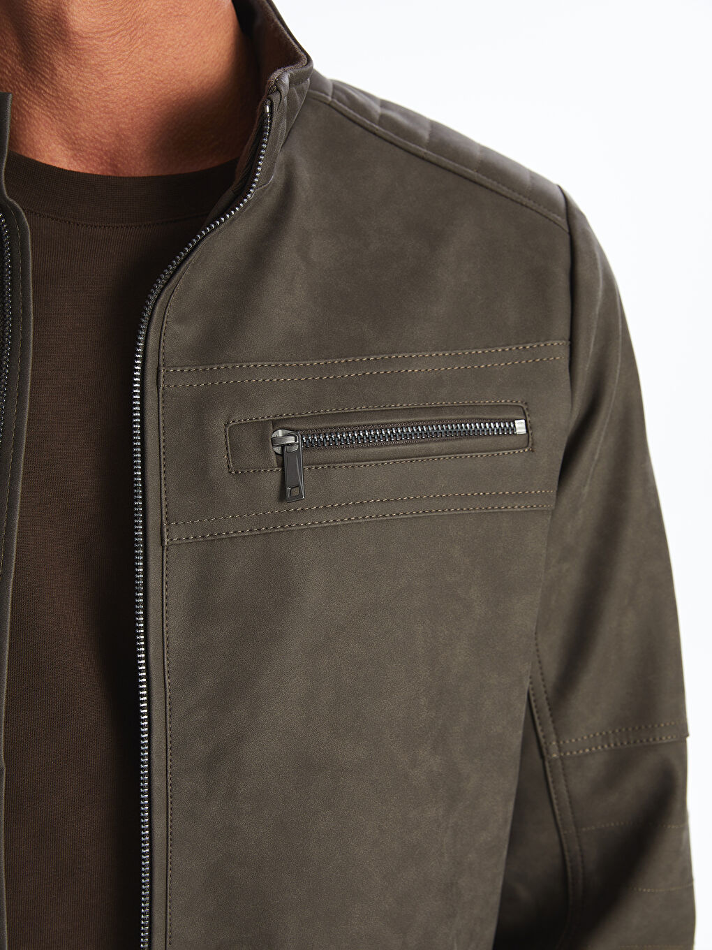 Standard Fit Funnel Neck Men's Faux Leather Jacket-3