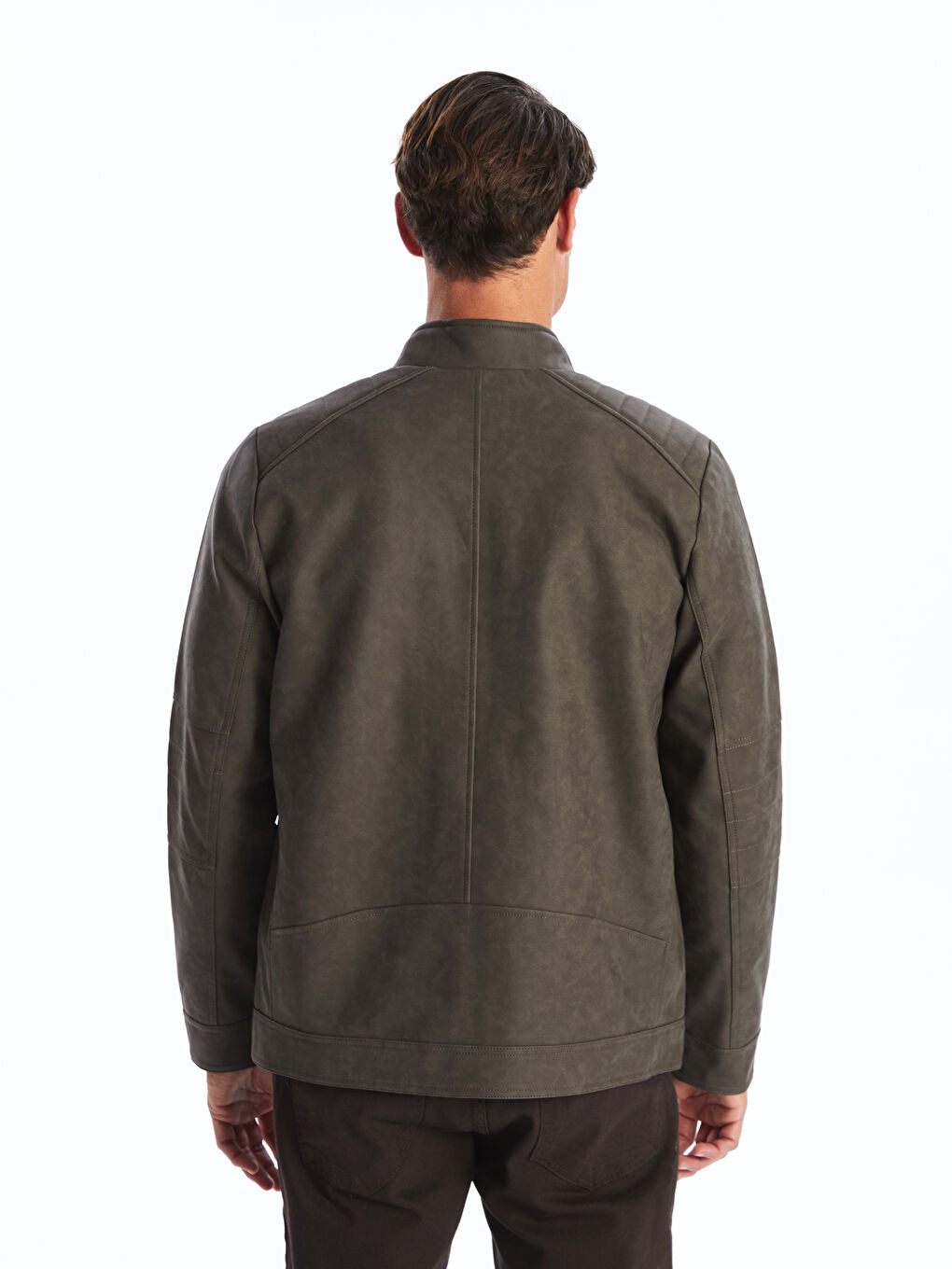 Standard Fit Funnel Neck Men's Faux Leather Jacket-5