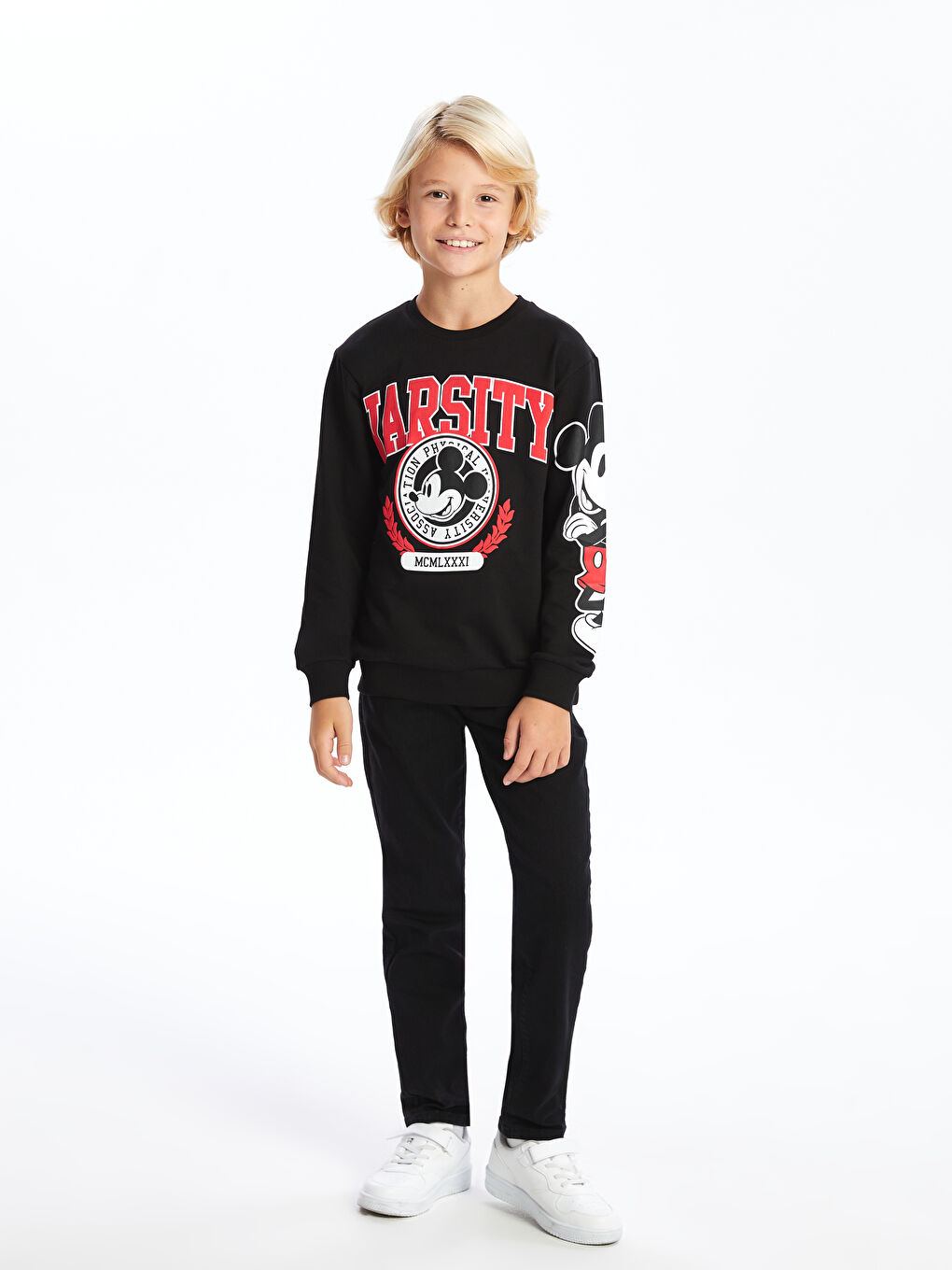 LCW Kids Siyah Bisiklet Yaka Mickey Mouse Baskılı Uzun Kollu Erkek Çocuk Sweatshirt