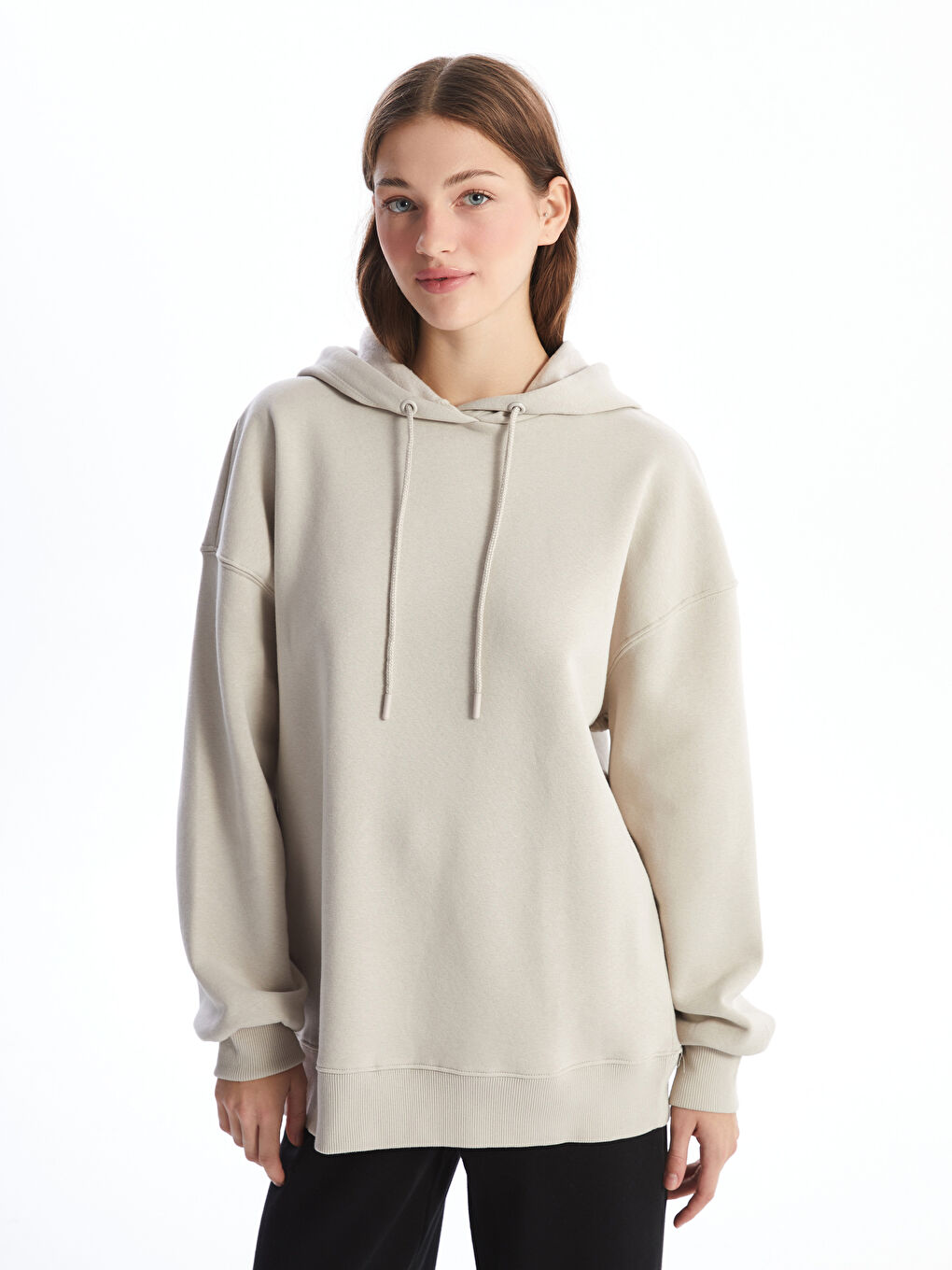 LCW Vision Açık Gri Düz Oversize Kadın Kalın Hoodie