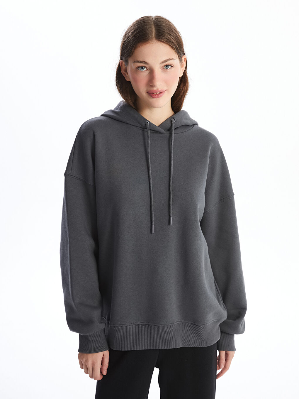 LCW Vision Koyu Gri Düz Oversize Kadın Kalın Hoodie