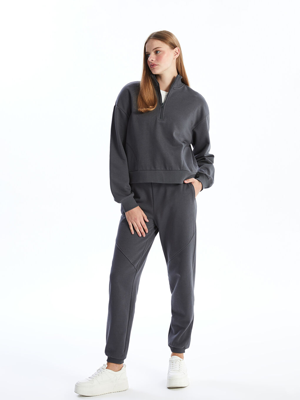 LCW Vision Antrasit Dik Yaka Oversize Kadın Sweatshirt - 1