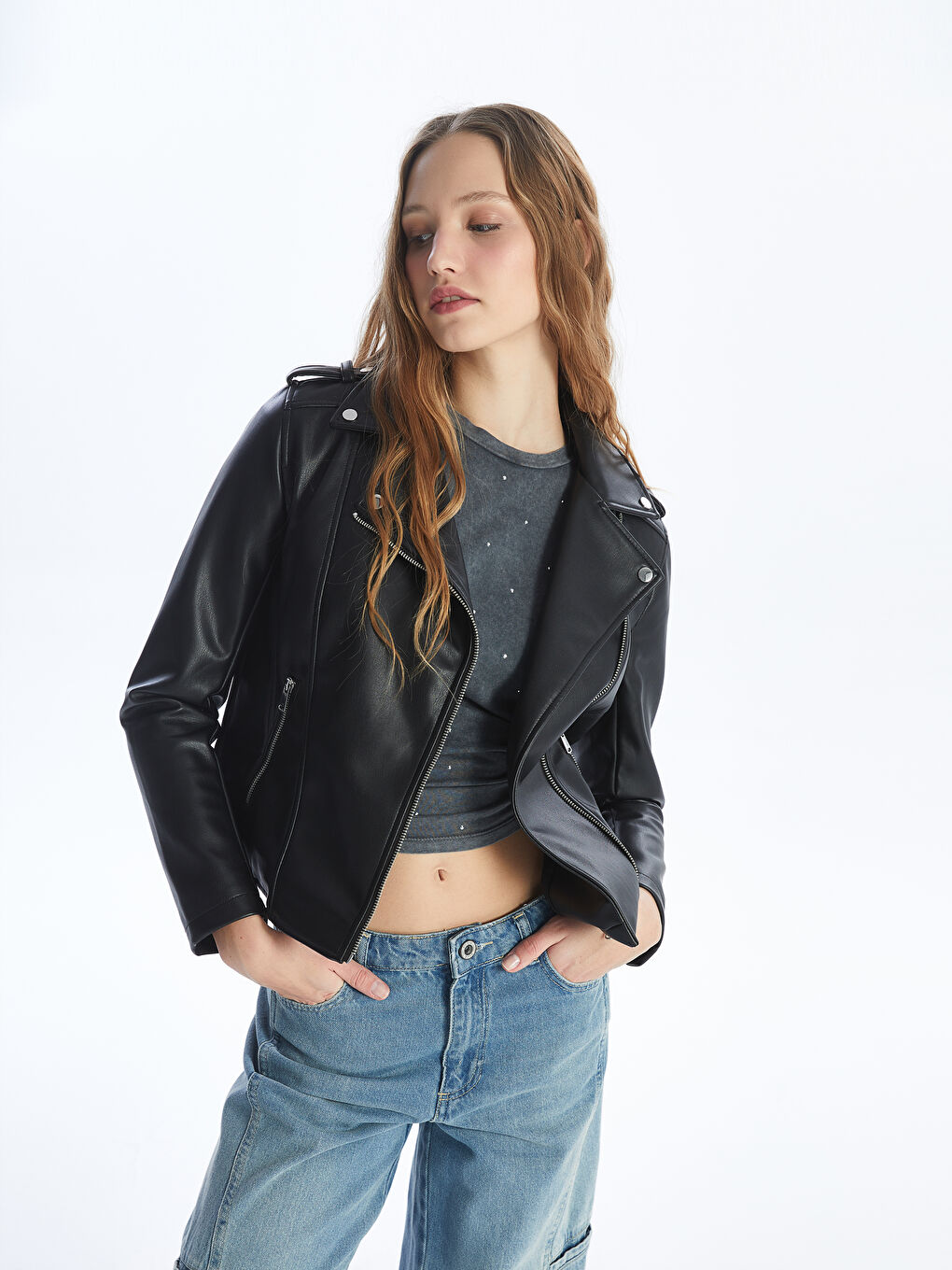 Geacă din piele ecologică cu guler biker pentru femei