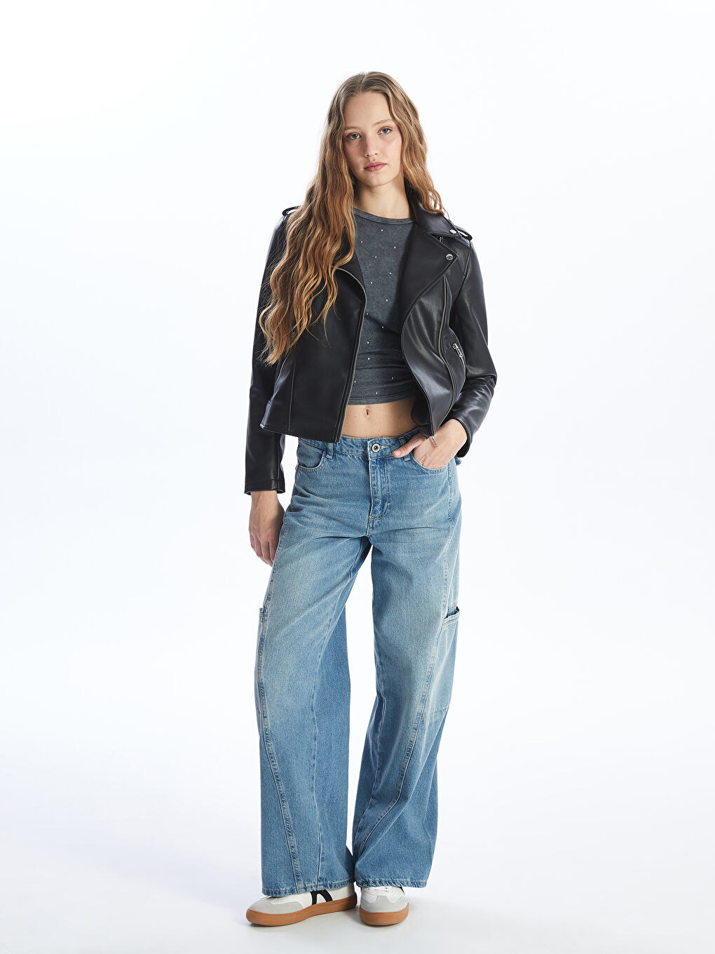 Geacă din piele ecologică cu guler biker pentru femei-2