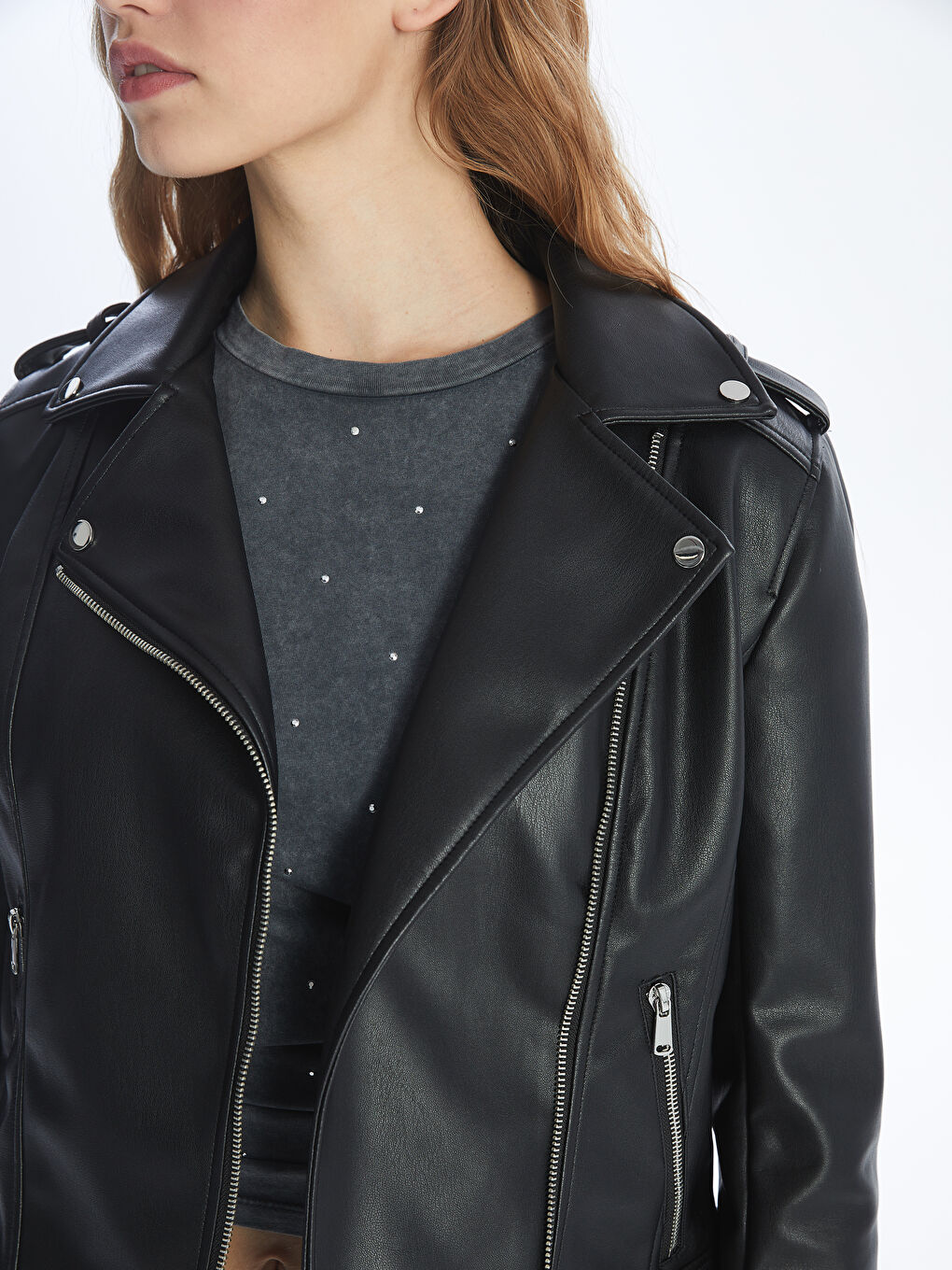 Geacă din piele ecologică cu guler biker pentru femei-3