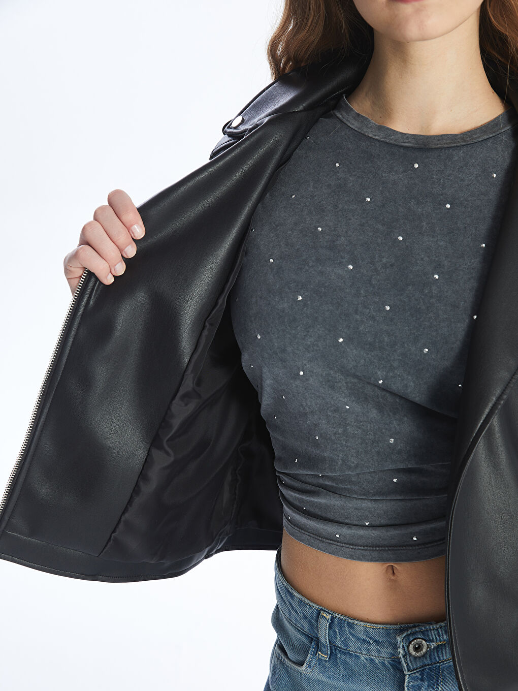 Geacă din piele ecologică cu guler biker pentru femei-4