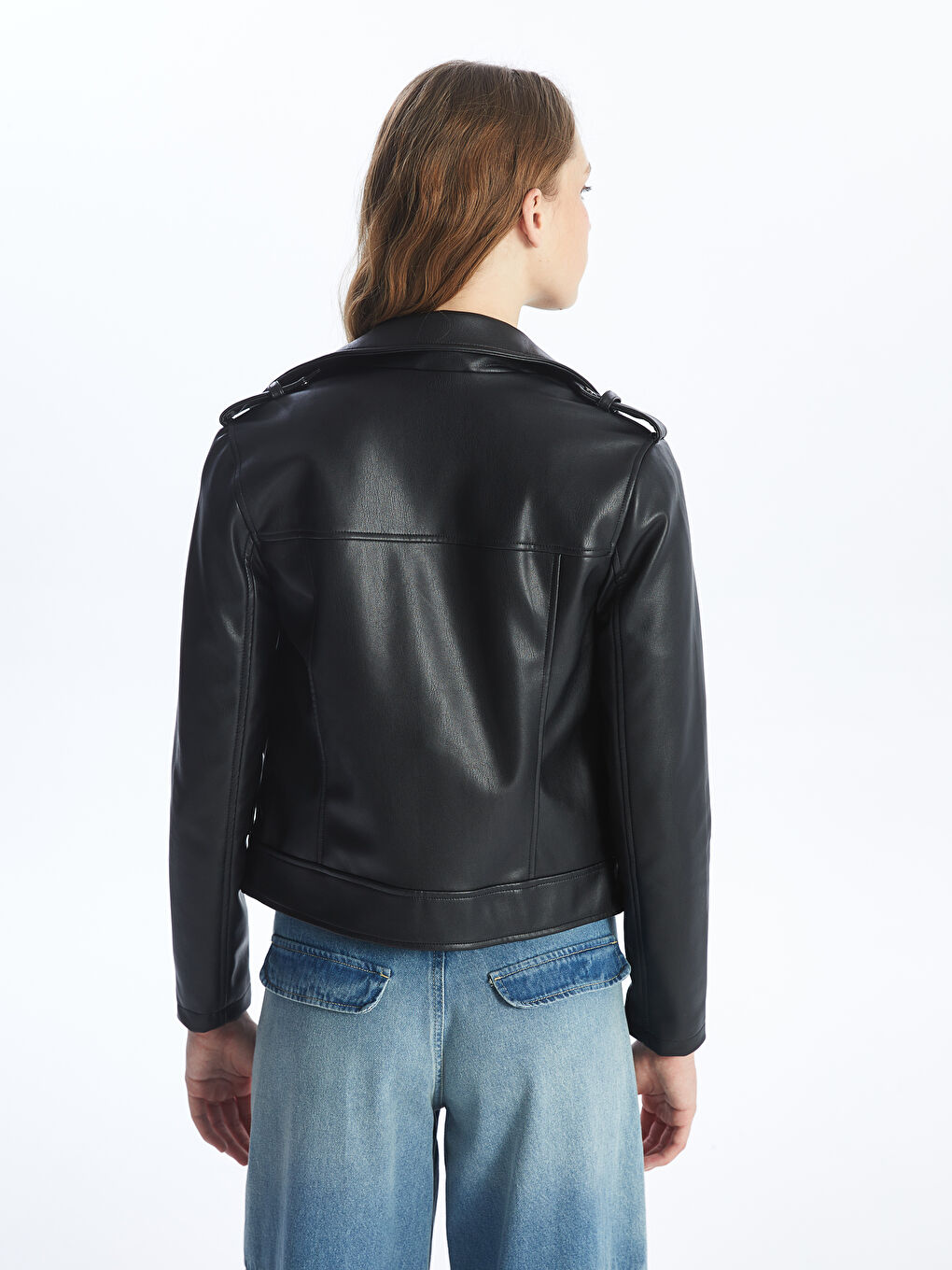 Geacă din piele ecologică cu guler biker pentru femei-5