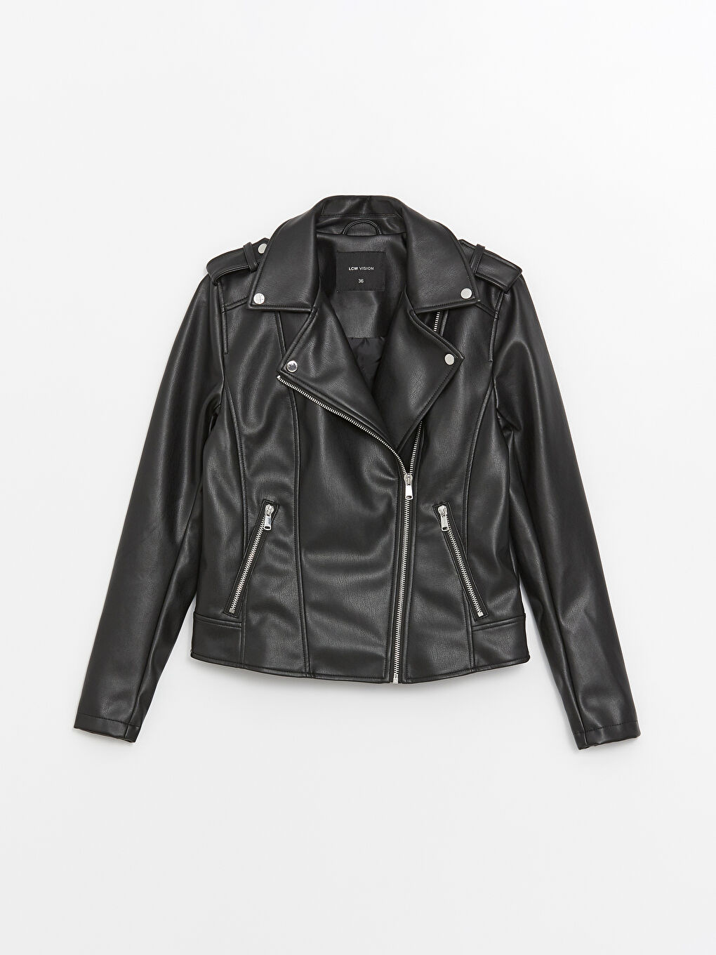 Geacă din piele ecologică cu guler biker pentru femei-6