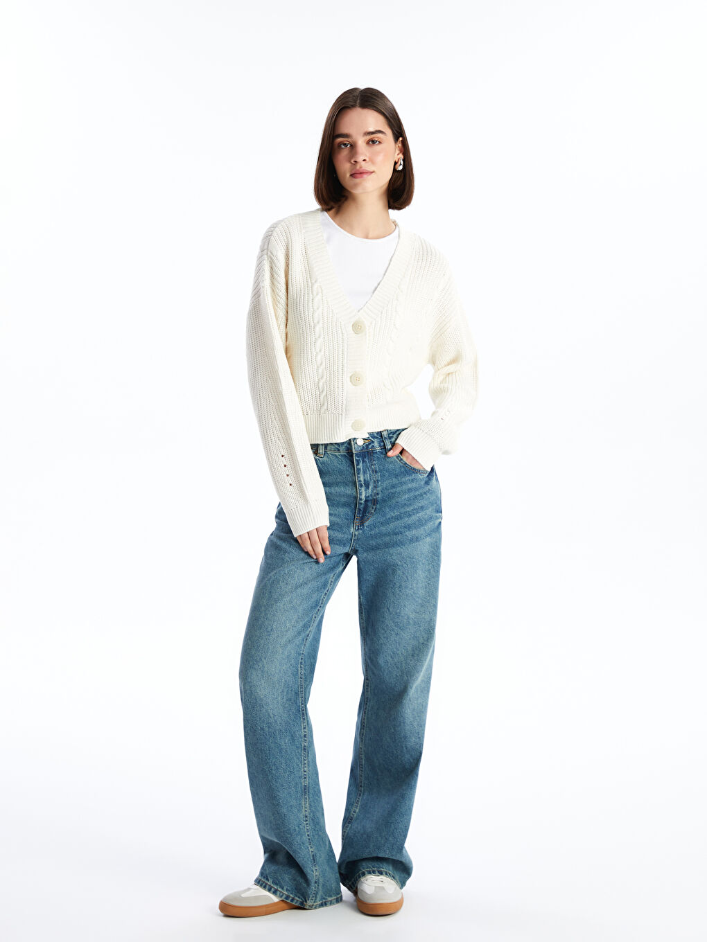 V-ს ფორმის დეკოლტე თვითნიმუშიანი გრძელმკლავიანი ქალებისთვის ტრიკოტაჟის კარდიგანი-2