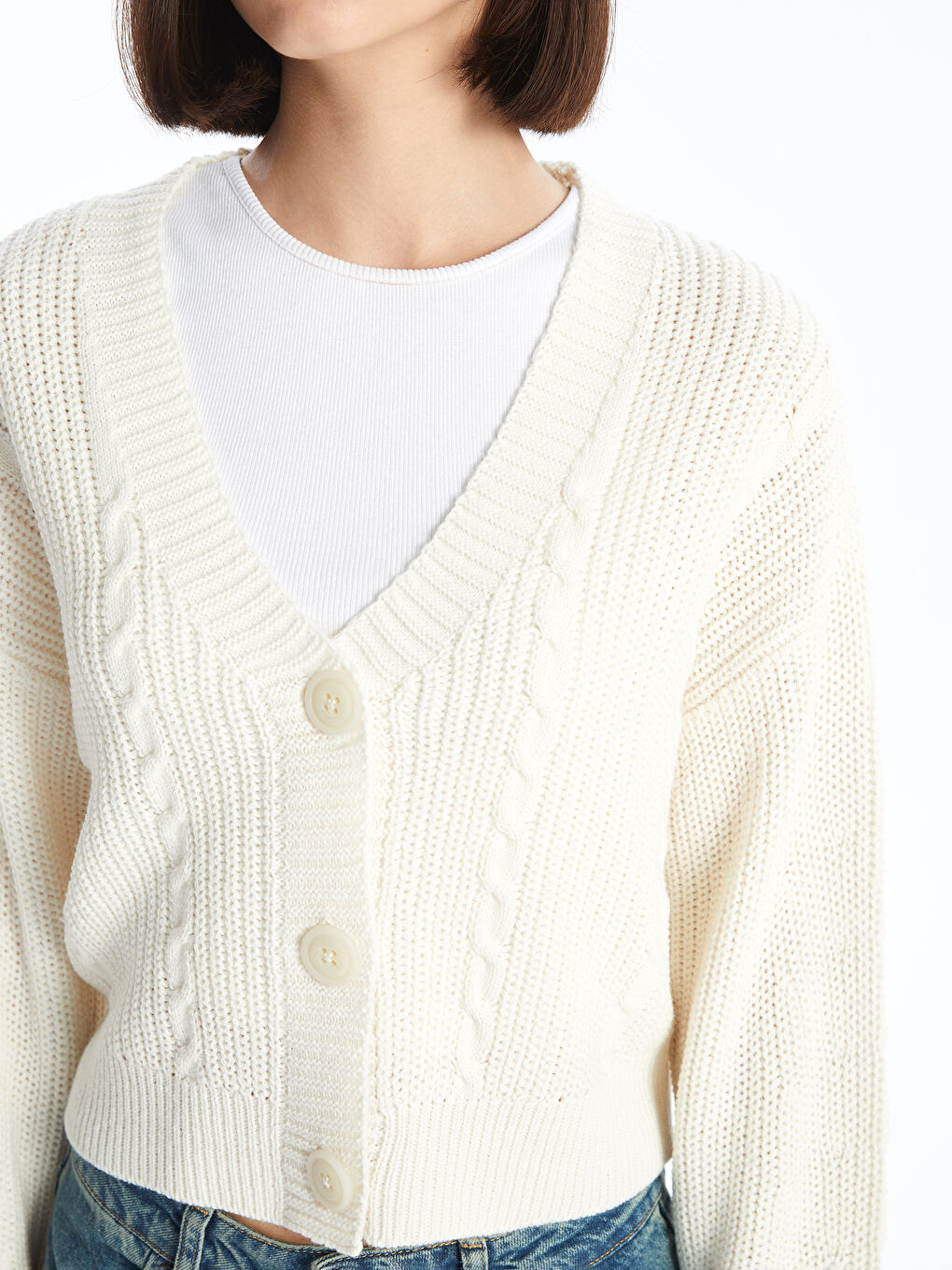 V-ს ფორმის დეკოლტე თვითნიმუშიანი გრძელმკლავიანი ქალებისთვის ტრიკოტაჟის კარდიგანი-3