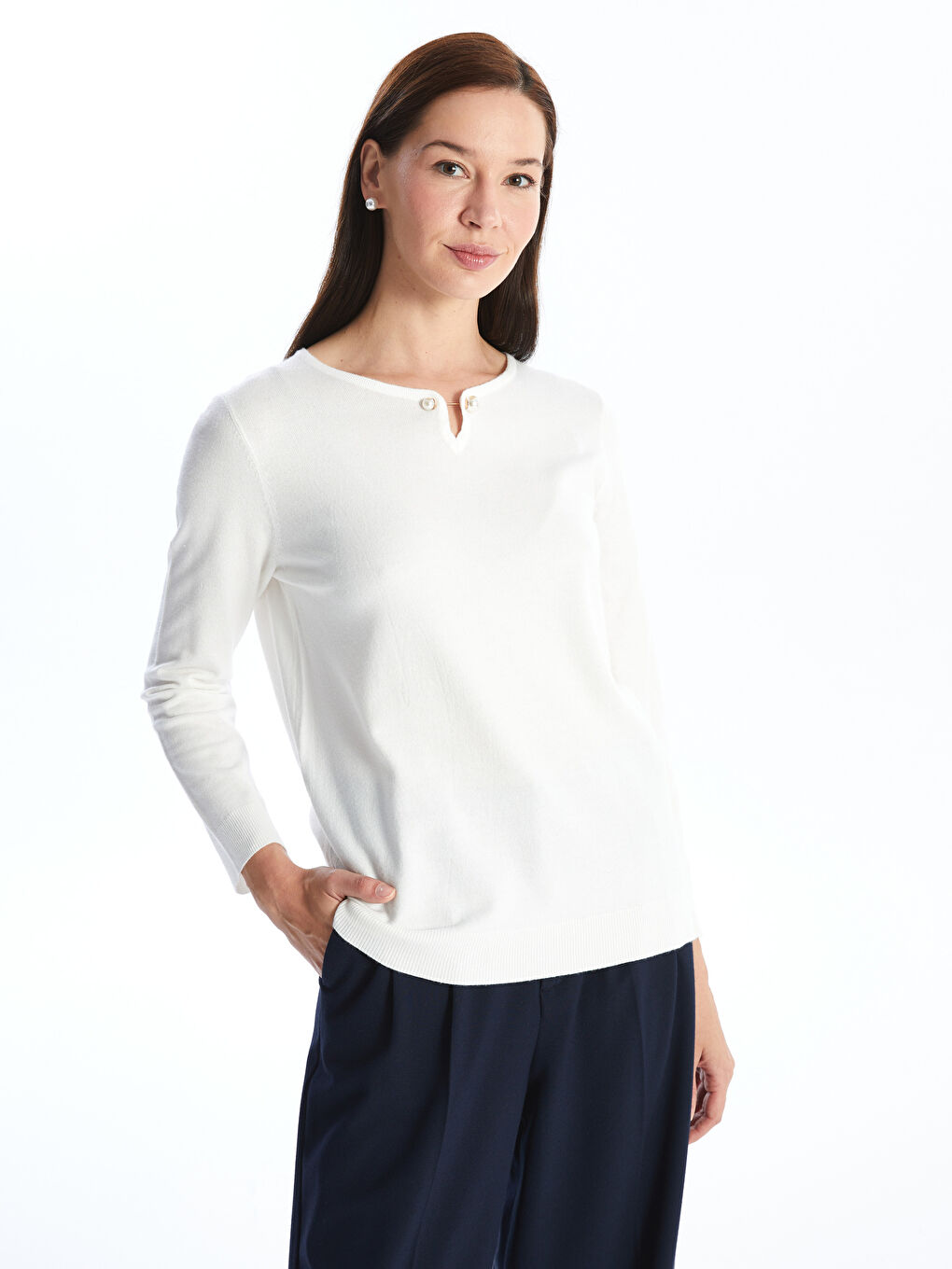 Pull-over en Tricot Uni à Col Rond et Manches Longues pour Femmes
