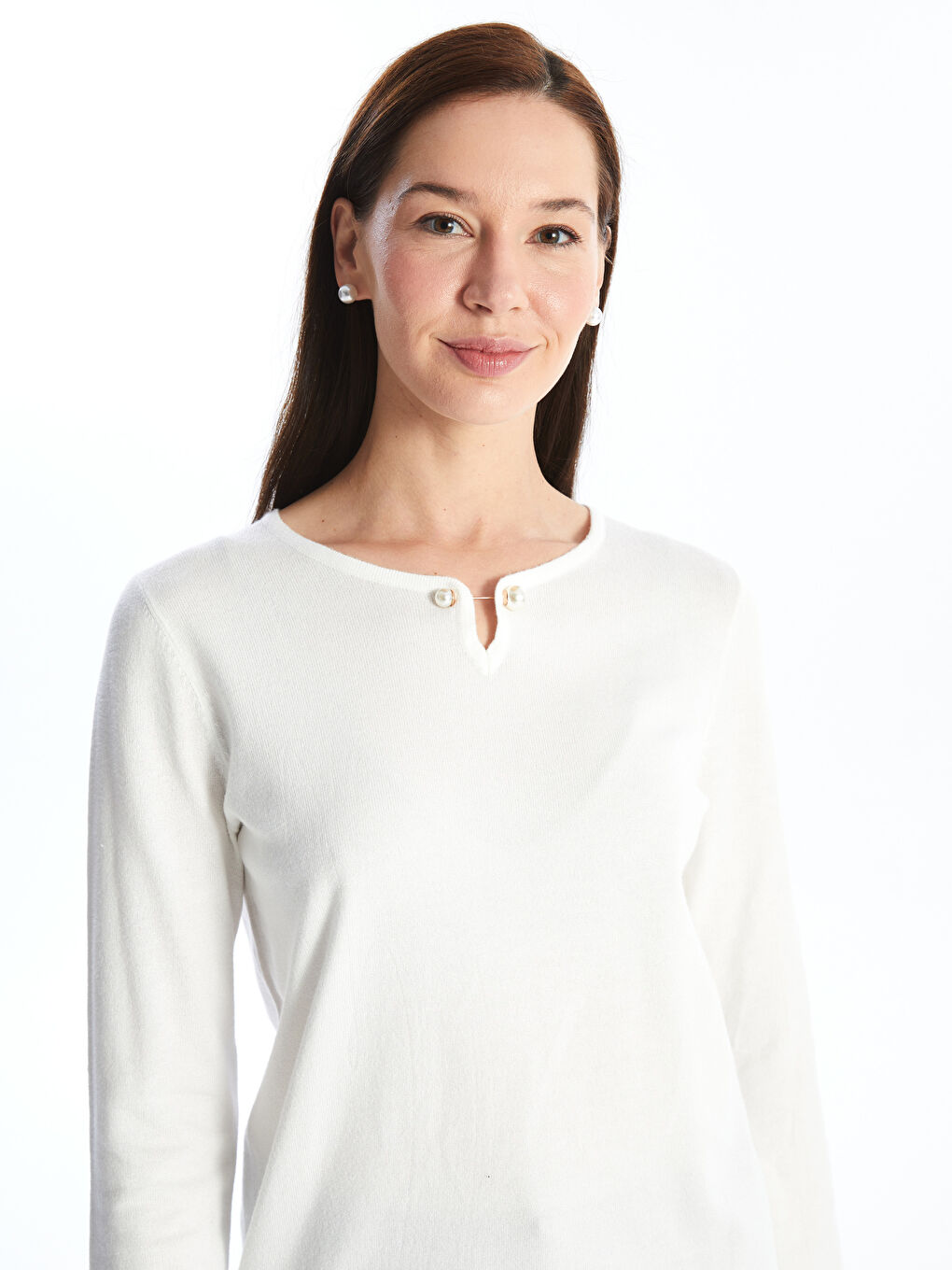 Pull-over en Tricot Uni à Col Rond et Manches Longues pour Femmes-1