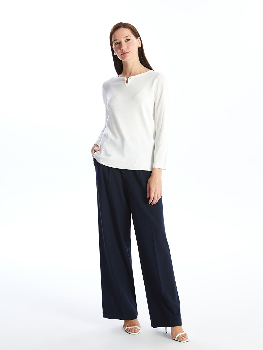 Pull-over en Tricot Uni à Col Rond et Manches Longues pour Femmes-2
