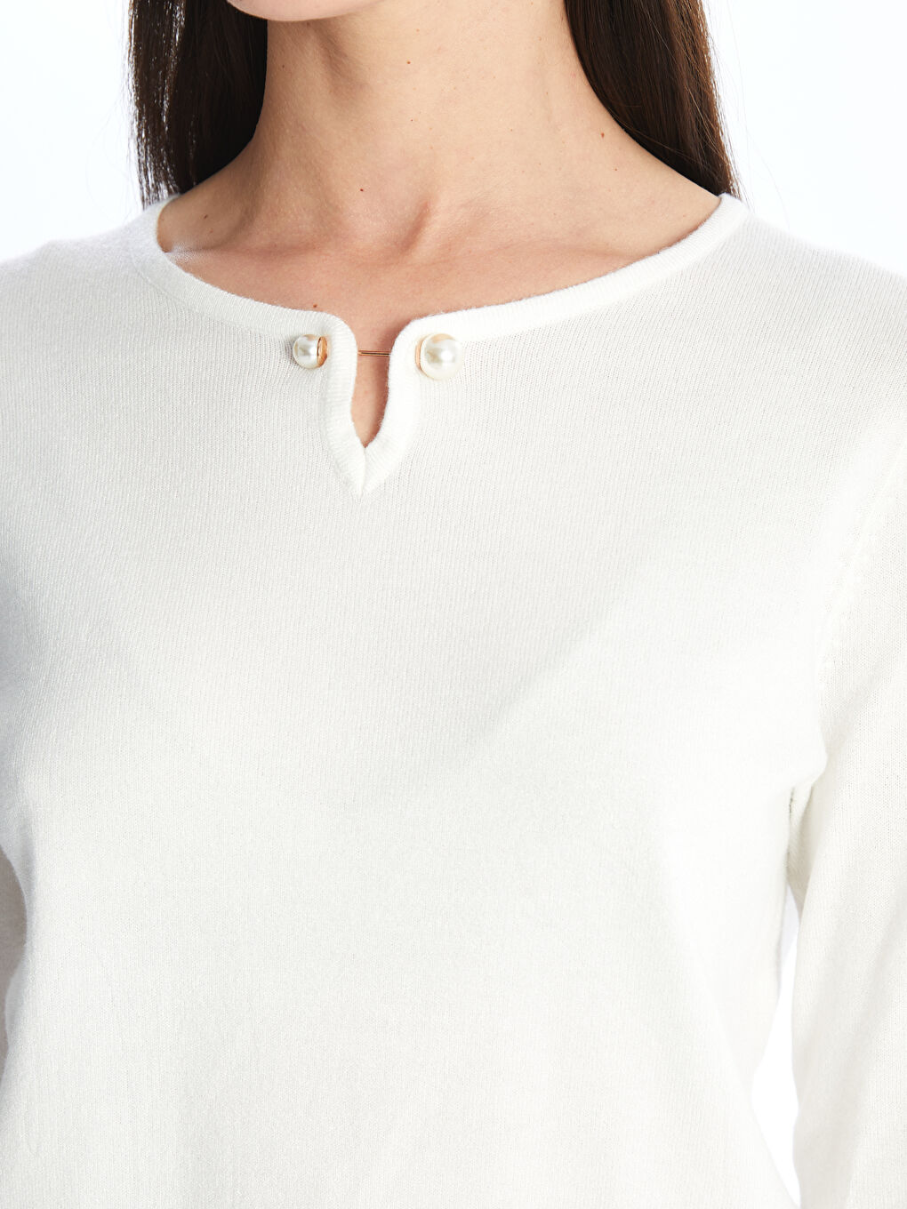 Pull-over en Tricot Uni à Col Rond et Manches Longues pour Femmes-3