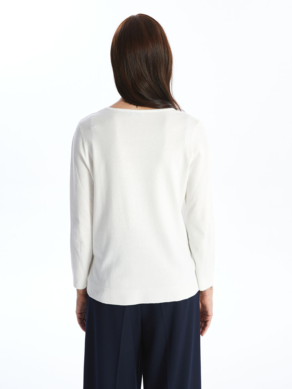 Pull-over en Tricot Uni à Col Rond et Manches Longues pour Femmes-4