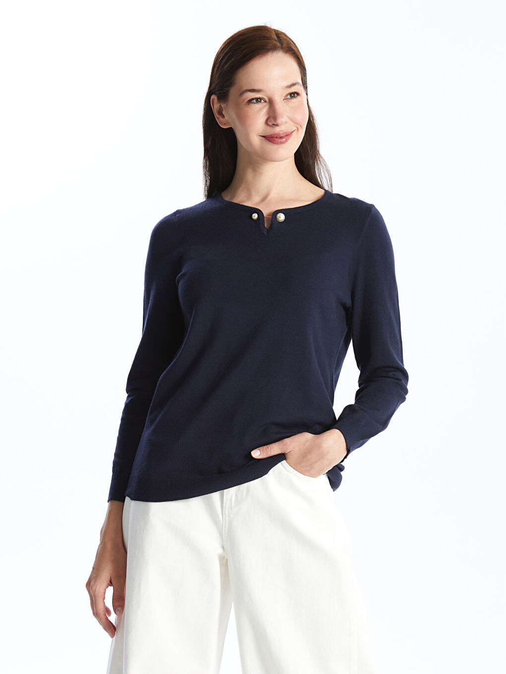 LCW Grace Rundhalsausschnitt Schlicht Langarm Damen Strickpullover -W43513Z8-HRC