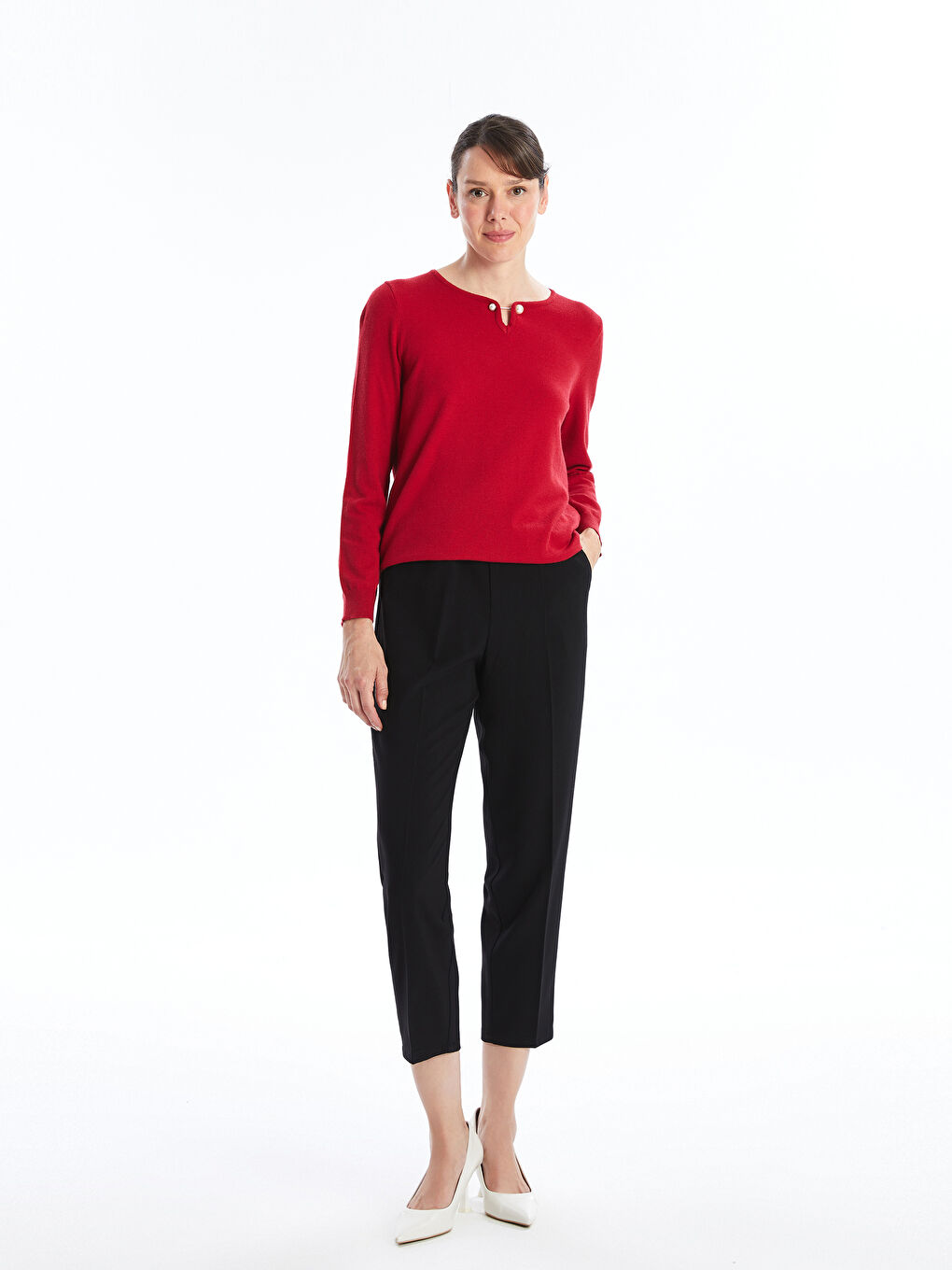 Crew Neck Plain Long Sleeve Women's Knitwear Sweater-1