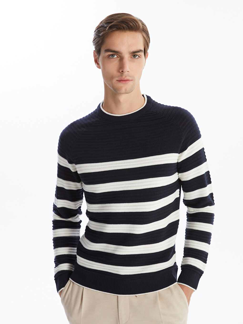 LCW Vision Crew Neck Long Sleeve Striped Men's Knitwear Sweater -W43517Z8-LGS