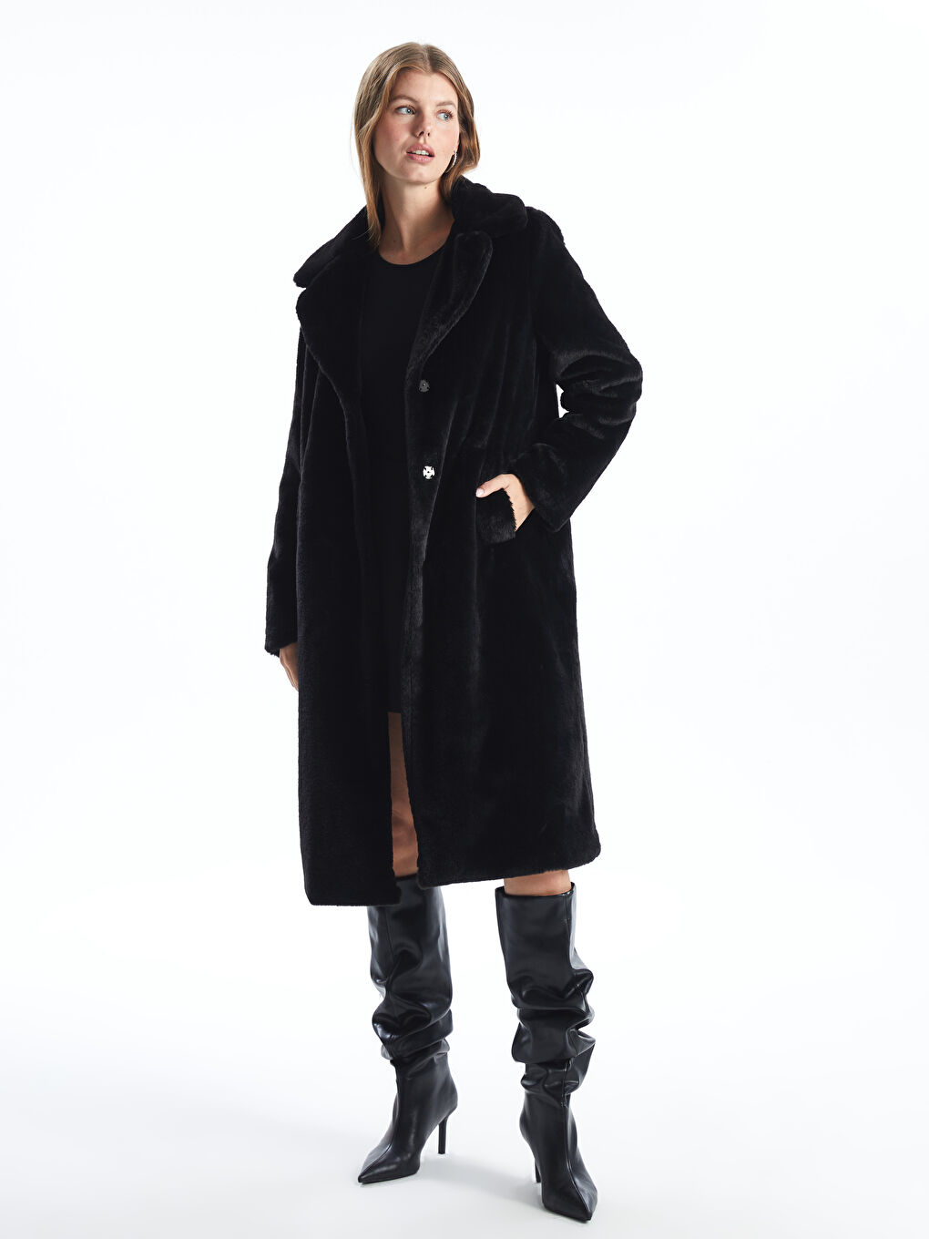 LC Waikiki Women's Jacket Neck Plain Plush Overcoat -W43550Z8-CVL